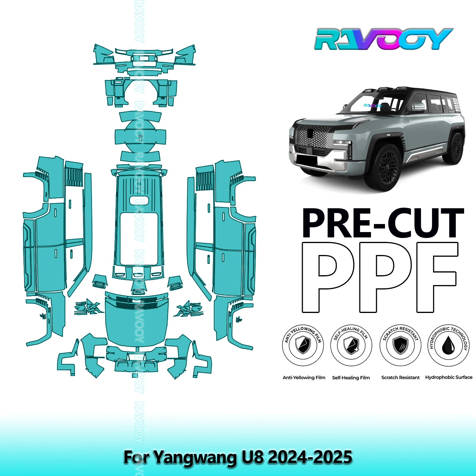 Car Precut Paint Protection Film Full Vehicle Anti-scratch Exterior TPU PPF For Yangwang U8 2024-2025
Car Precut Paint Protection Film Full Vehicle Anti-scratch Exterior TPU PPF For Yangwang U8 2024-2025