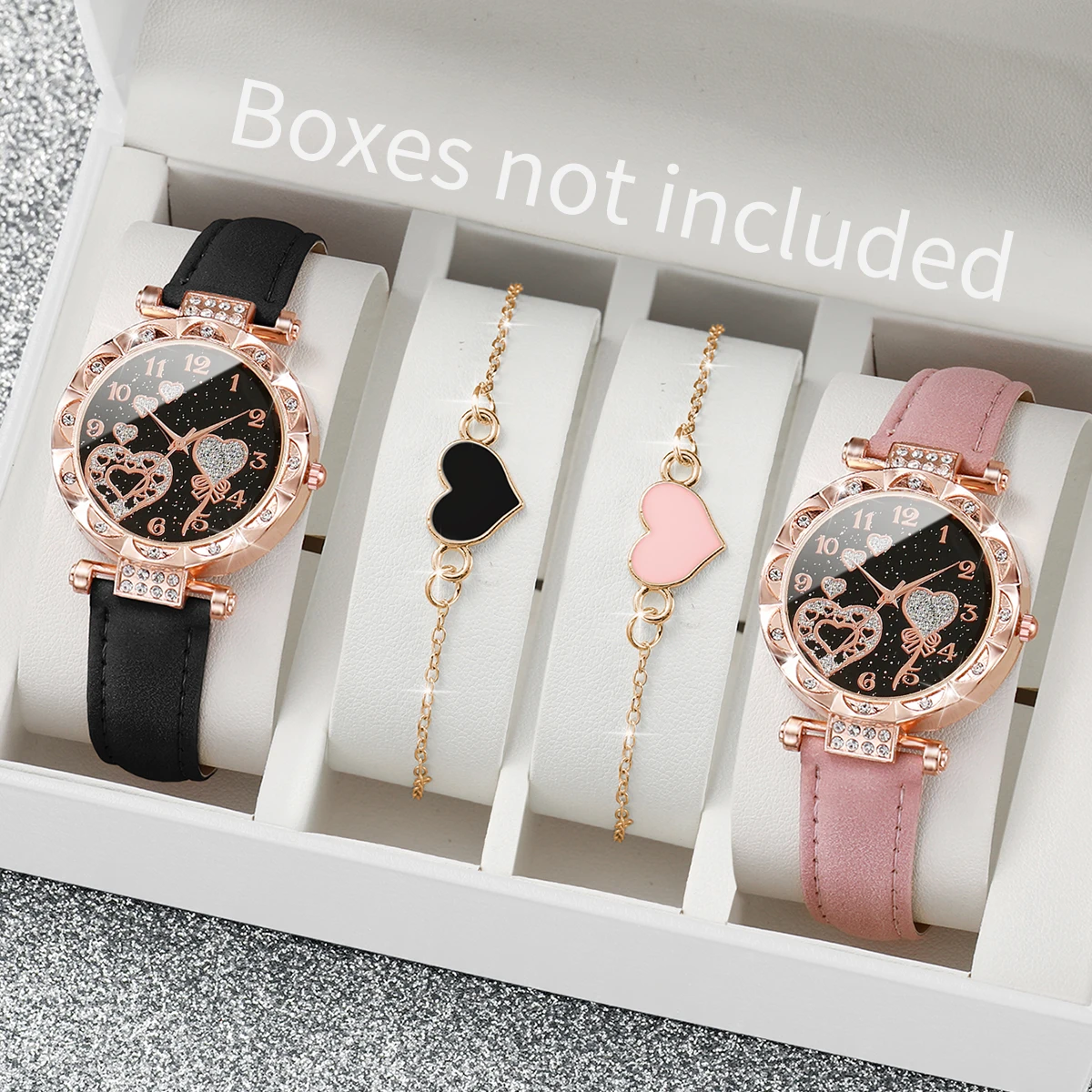 Women Rose Gold Rhinestone Heart Dial Quartz Watch 2Pcs + Black&Pink Heart Charm Bracelet 2Pcs Jewelry Set
Women Rose Gold Rhinestone Heart Dial Quartz Watch 2Pcs + Black&Pink Heart Charm Bracelet 2Pcs Jewelry Set