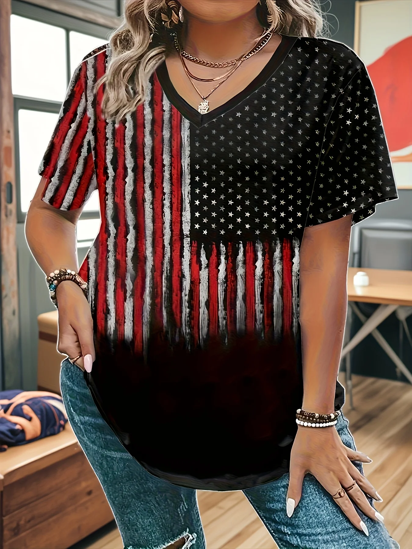 Plus Size Women's Patriotic American Flag V-Neck T-Shirt - Casual Short Sleeve, Elastic Polyester Blend, Machine Washable, Suitable for Spring and Summer
Plus Size Women's Patriotic American Flag V-Neck T-Shirt - Casual Short Sleeve, Elastic Polyester Blend, Machine Washable, Suitable for Spring and Summer