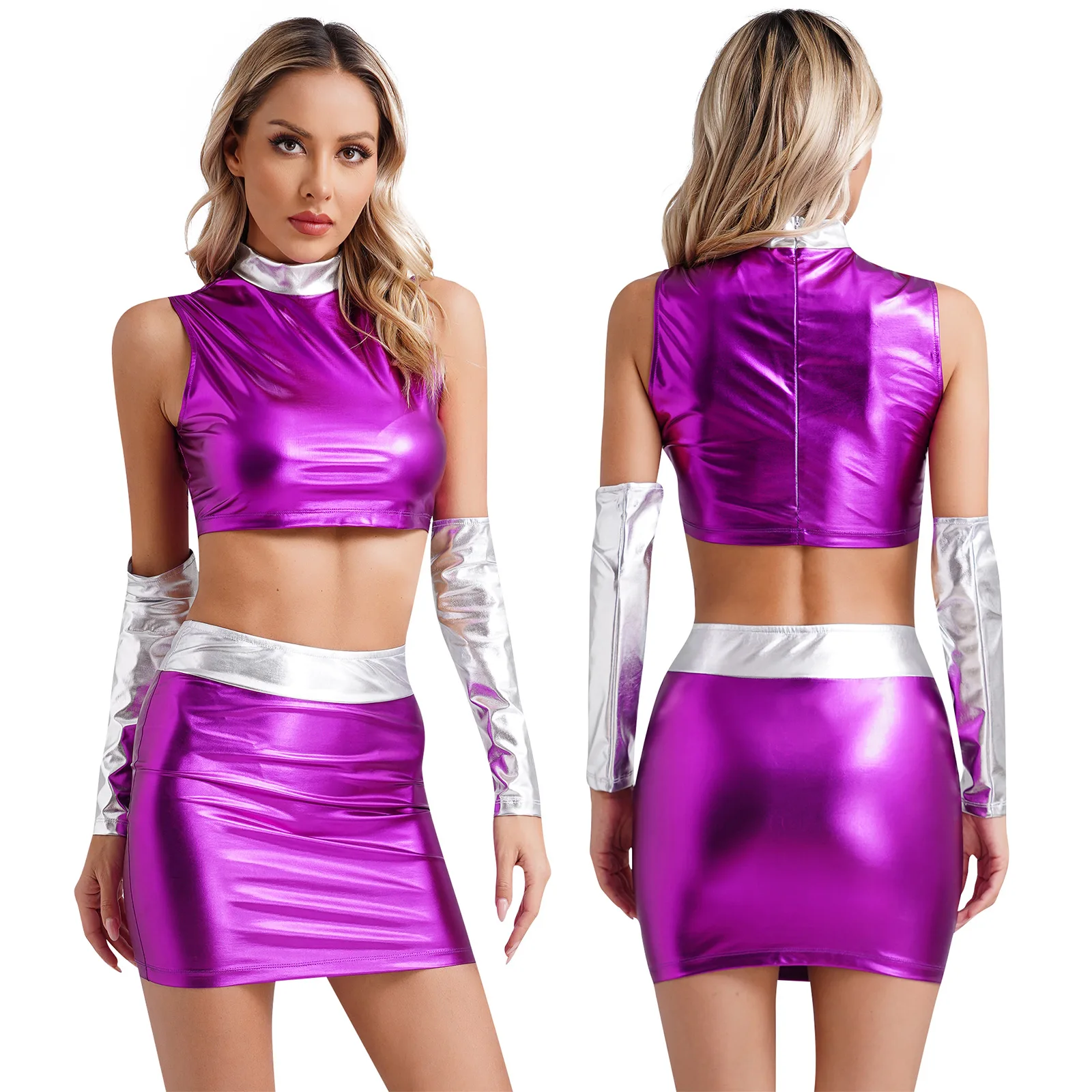 Women Halloween Party Spaceman Alien Robot Heroine Cosplay Performance Costume Sleeveless Crop Top with Bodycon Skirt Oversleeve
Women Halloween Party Spaceman Alien Robot Heroine Cosplay Performance Costume Sleeveless Crop Top with Bodycon Skirt Oversleeve