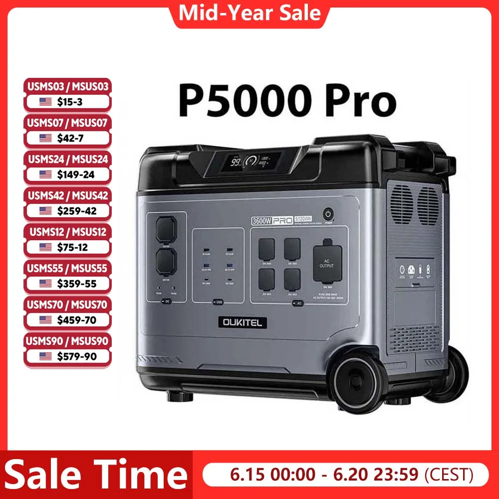 OUKITEL P5000 Pro Portable Power Station 5120Wh Solar Generator LiFePO4 Battery Fast Charging Emergencies for Home Camping
OUKITEL P5000 Pro Portable Power Station 5120Wh Solar Generator LiFePO4 Battery Fast Charging Emergencies for Home Camping