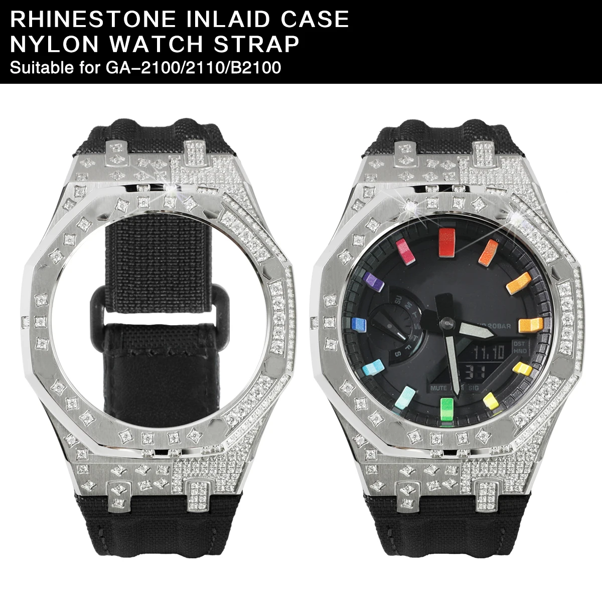 Diamond studded stainless steel case with nylon strap for GA-2100 GM-2100 model watch modification accessories.
Diamond studded stainless steel case with nylon strap for GA-2100 GM-2100 model watch modification accessories.