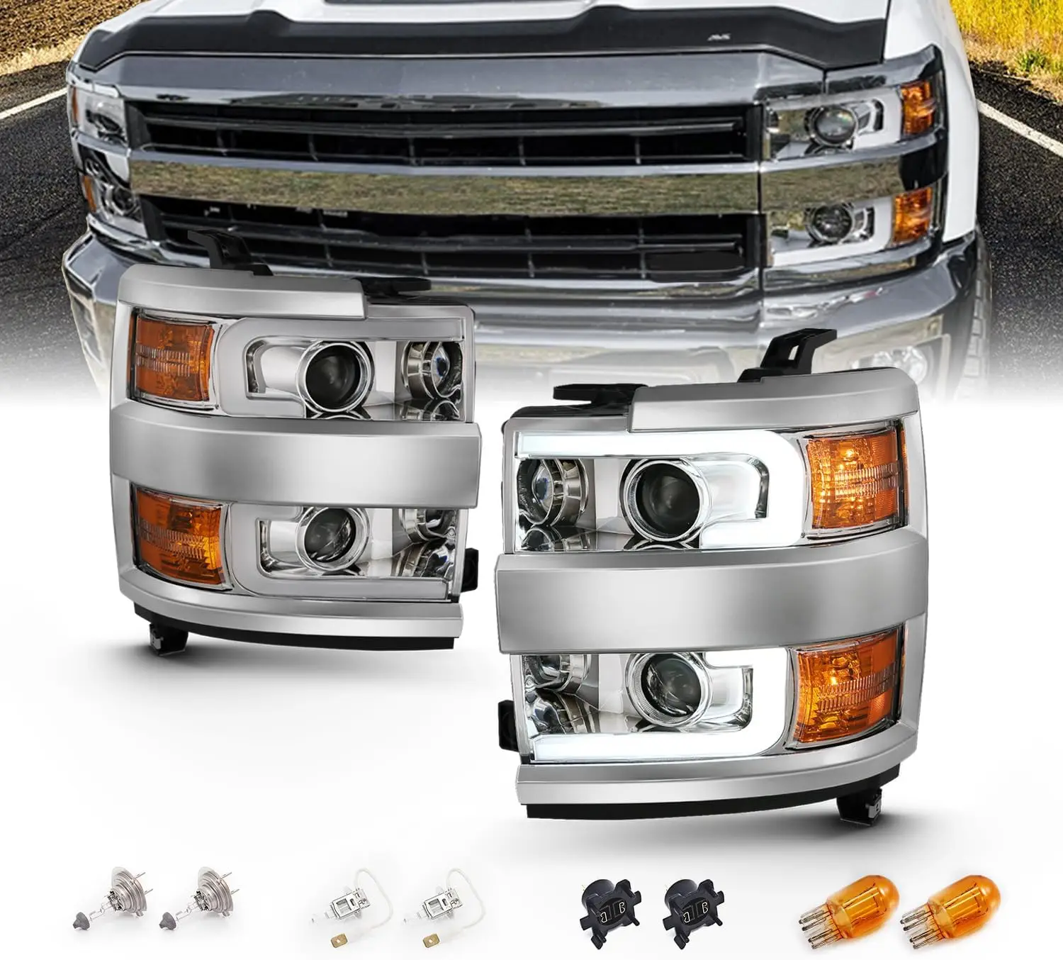 for 2015-2019 Chevy Silverado 2500HD 3500HD Work Truck Chrome Quad Projector Headlights w/Dual LED Tube Replacement Assembly Set
for 2015-2019 Chevy Silverado 2500HD 3500HD Work Truck Chrome Quad Projector Headlights w/Dual LED Tube Replacement Assembly Set