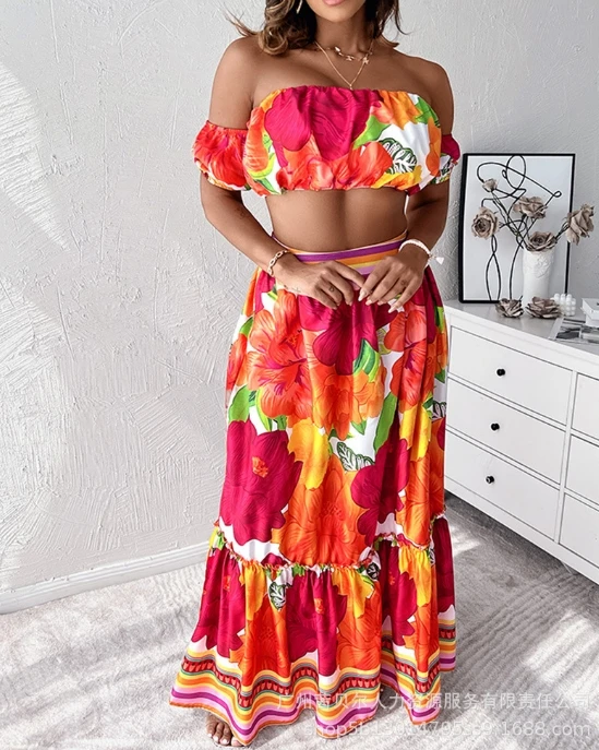 Two Piece Set Women Outfit 2024 Summer Colorful Floral Print Strapless Short Sleeve Crop Top & Casual High Waist Long Skirt Set
Two Piece Set Women Outfit 2024 Summer Colorful Floral Print Strapless Short Sleeve Crop Top & Casual High Waist Long Skirt Set