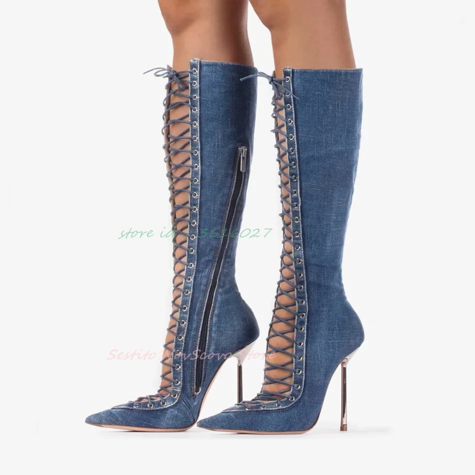 Denim Cutouts Knee High Boots Pointed Toe Lace Up Sexy Ladies Summer High Heels Punk Long Booties Side Zip Cool Girl Shoes
Denim Cutouts Knee High Boots Pointed Toe Lace Up Sexy Ladies Summer High Heels Punk Long Booties Side Zip Cool Girl Shoes
