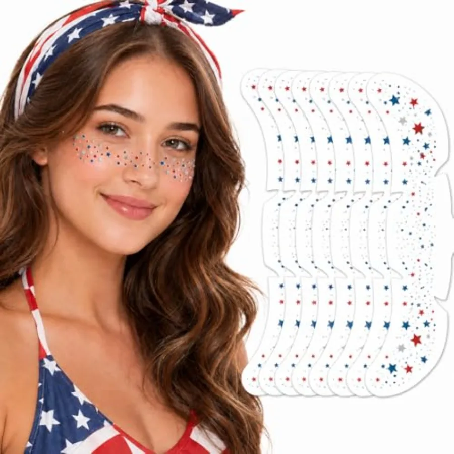 8 Pcs Red White Blue Star Freckle Stickers with Silver Glitter Powder for Face, 4th of July Glitter Face Stickers for Women,Pat
8 Pcs Red White Blue Star Freckle Stickers with Silver Glitter Powder for Face, 4th of July Glitter Face Stickers for Women,Pat