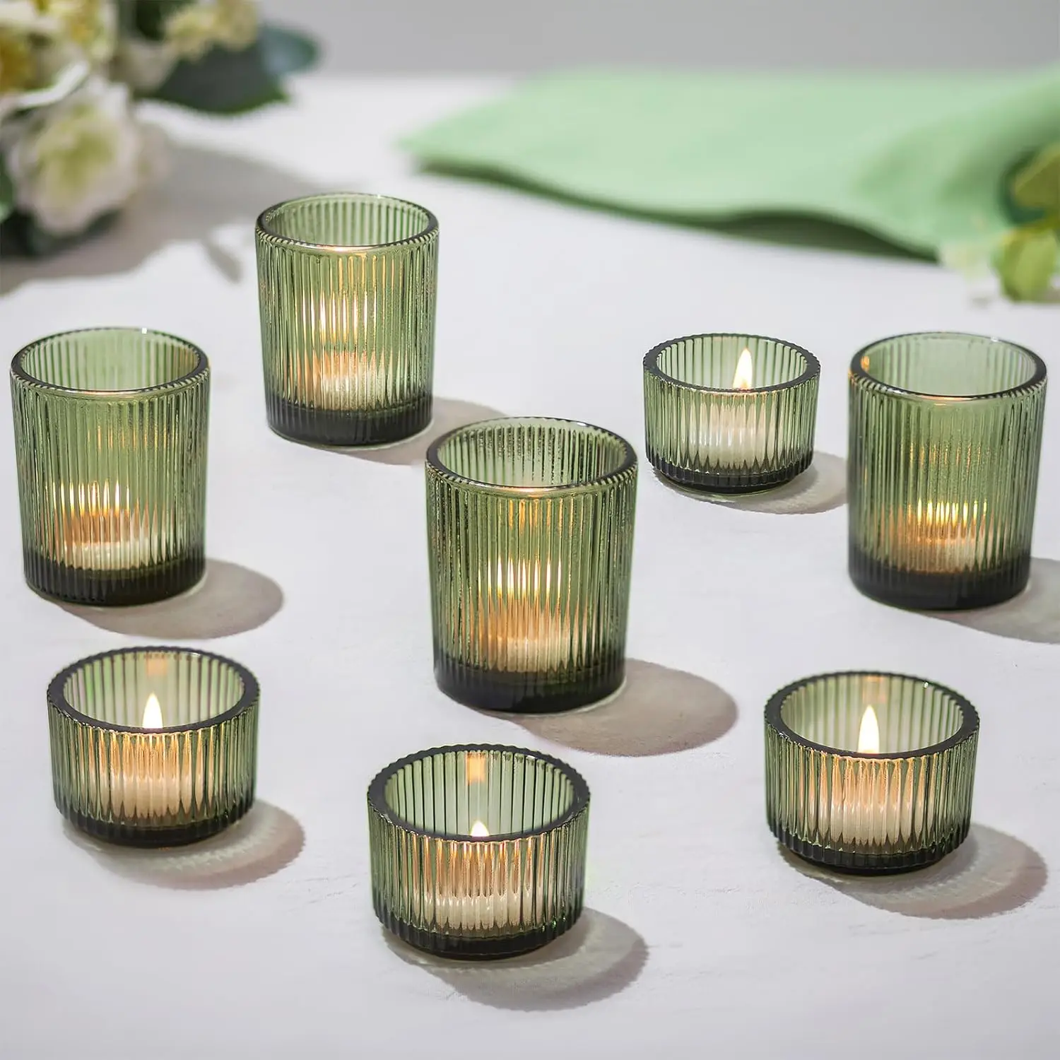 8 Pcs Dark Green Ribbed Glass Tealight Candle Holders for Fall Decor
8 Pcs Dark Green Ribbed Glass Tealight Candle Holders for Fall Decor