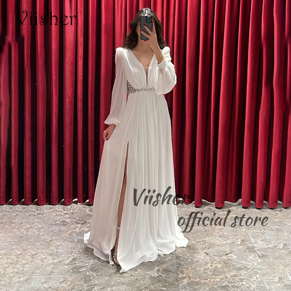 Viisher White A Line Chiffon Evening Dresses Long Sleeve V Neck Beads Belt Arabic Formal Prom Dress with Slit Evening Gowns
Viisher White A Line Chiffon Evening Dresses Long Sleeve V Neck Beads Belt Arabic Formal Prom Dress with Slit Evening Gowns