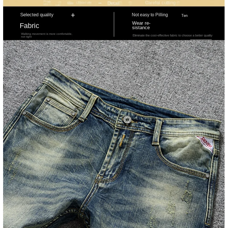 Heavy duty retro nostalgic jeans for men elastic slim fit small straight tube fashionable high-end distressed washed denim pants
Heavy duty retro nostalgic jeans for men elastic slim fit small straight tube fashionable high-end distressed washed denim pants