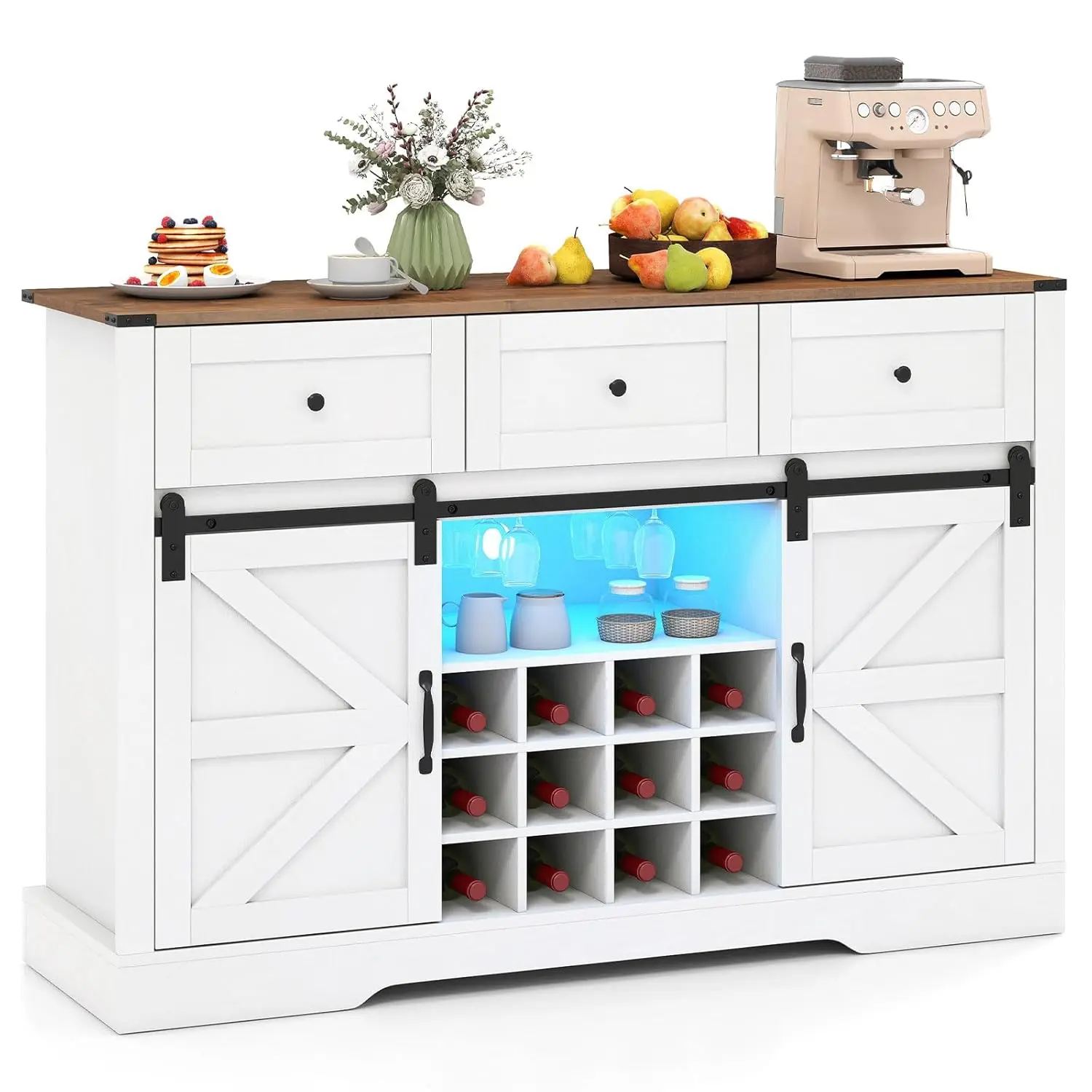 Wine Bar Cabinet with LED Lights, 52" Buffet Sideboard w/Sliding Barn Door, 3 Drawer, Adjustable Shelf, 12 Bottle, Customized
Wine Bar Cabinet with LED Lights, 52" Buffet Sideboard w/Sliding Barn Door, 3 Drawer, Adjustable Shelf, 12 Bottle, Customized