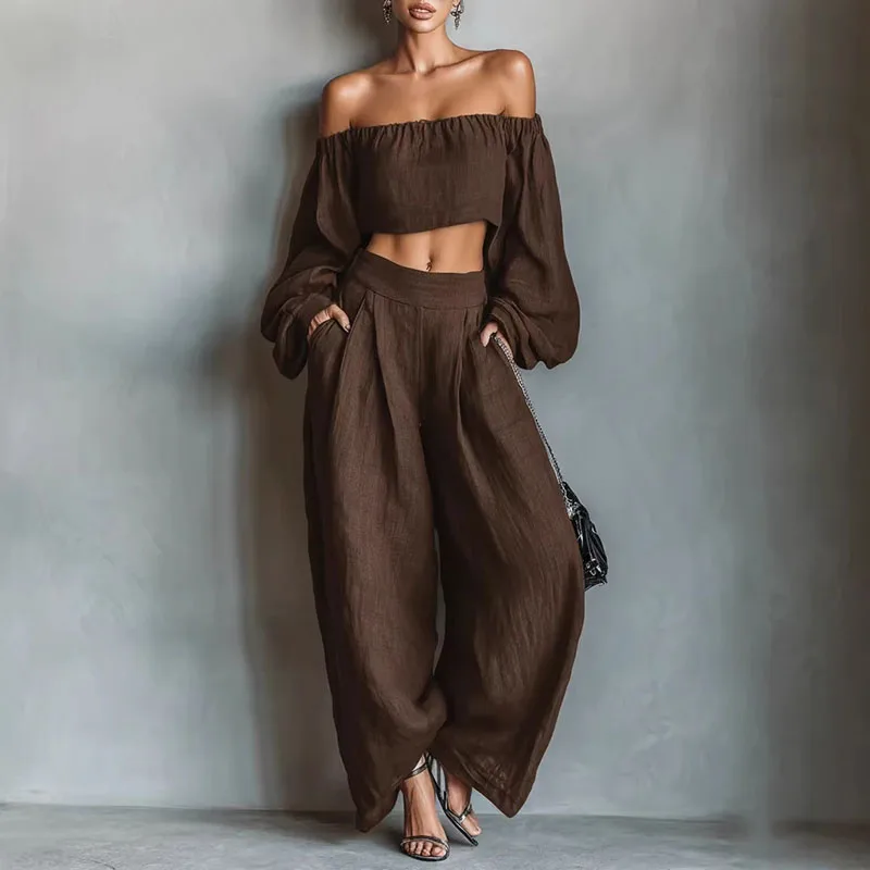 Spring Long Sleeve Casual Linen Sets Woman Sexy Off Shoulder Short Top And Long Pants Suit Solid Hollow Out Holiday Beach Outfit
Spring Long Sleeve Casual Linen Sets Woman Sexy Off Shoulder Short Top And Long Pants Suit Solid Hollow Out Holiday Beach Outfit