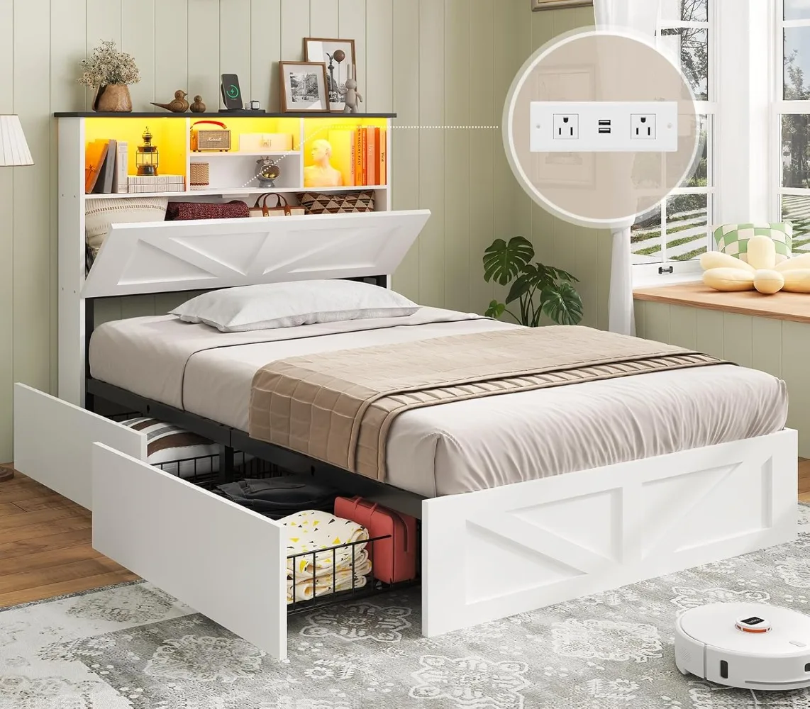 Twin Bed Frame with 4 Storage Drawers and Charging Station,Wooden Led Twin Bed with Hidden Space Headboard and Metal Slats
Twin Bed Frame with 4 Storage Drawers and Charging Station,Wooden Led Twin Bed with Hidden Space Headboard and Metal Slats