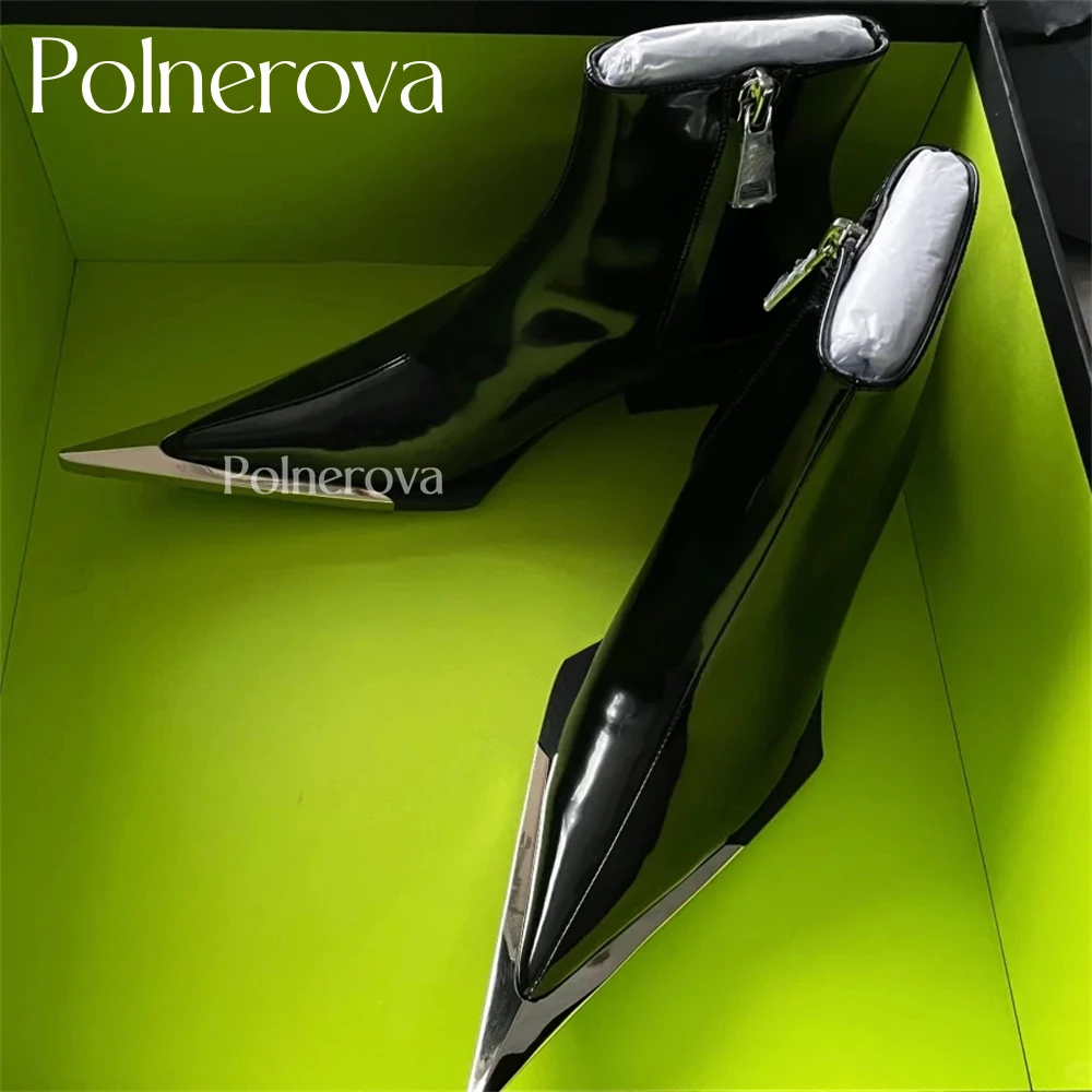 Metal Pointed Toe Booties Novel Design Ankle Boots Zipper Square Heel Elongated Pointed Fashion Shoes Black Pu Leather Hot Sale
Metal Pointed Toe Booties Novel Design Ankle Boots Zipper Square Heel Elongated Pointed Fashion Shoes Black Pu Leather Hot Sale