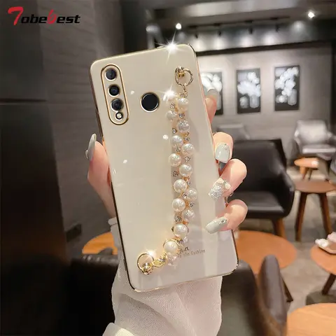 Funda de silicona con pintura de cadena de pulsera de perlas de diamante para Huawei Y9 Prime Y7 Pro Y6 2019 Y6P Y8P 2020 Y7a, cubierta brillante