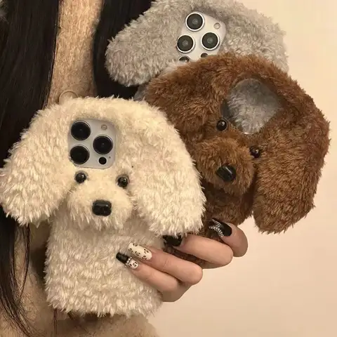 Funda de teléfono esponjosa con perro de peluche 3D para iPhone 15 14 13 Pro Max 12 Mini 11 X XS Max XR 6 7 8 Plus SE 2 funda blanda de juguete peluda de pelo de peluche