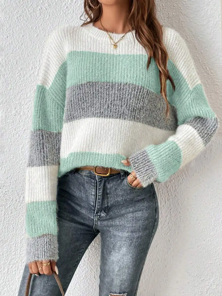 Women Striped Crew Neck Knit Sweater Casual Dropped Shoulder Pullover Autumn Winter
Women Striped Crew Neck Knit Sweater Casual Dropped Shoulder Pullover Autumn Winter