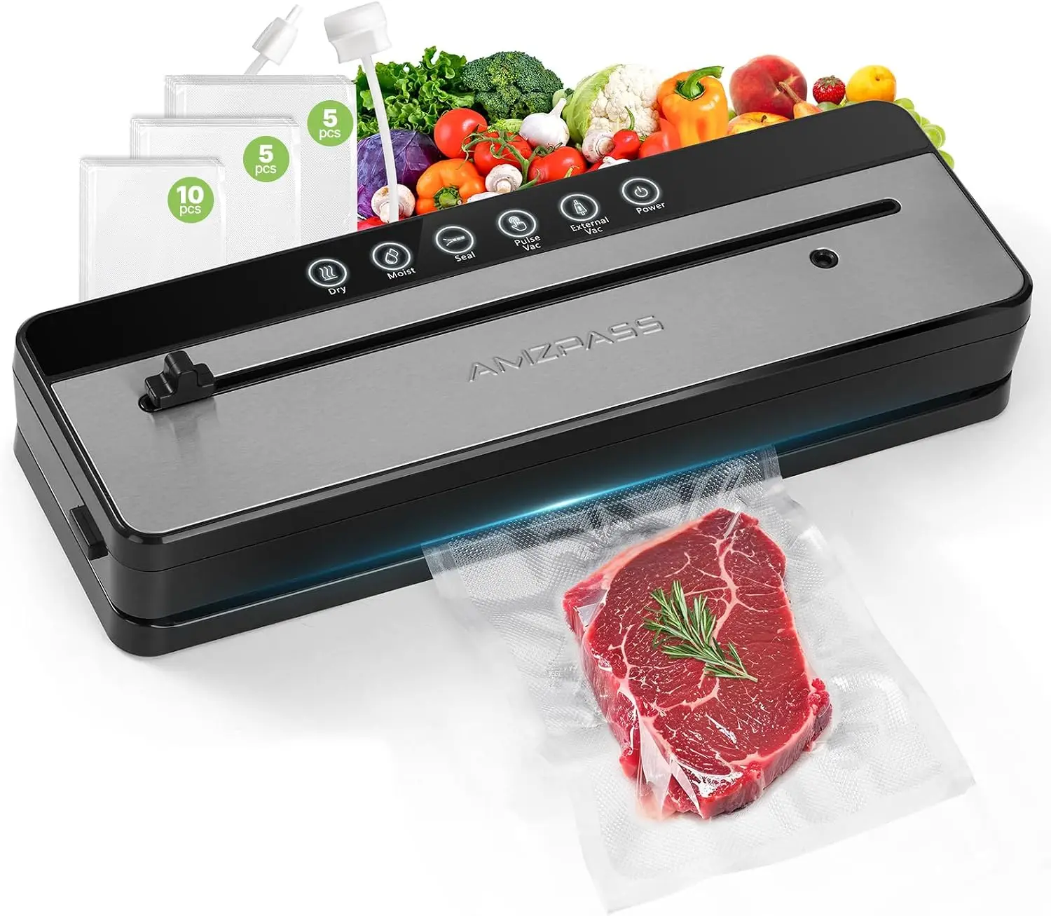 6-in-1 Vacuum Sealer with Built-in Cutter, 80kPa Suction, Compact Design, Includes 20 Bags & External Hose for Jars
6-in-1 Vacuum Sealer with Built-in Cutter, 80kPa Suction, Compact Design, Includes 20 Bags & External Hose for Jars