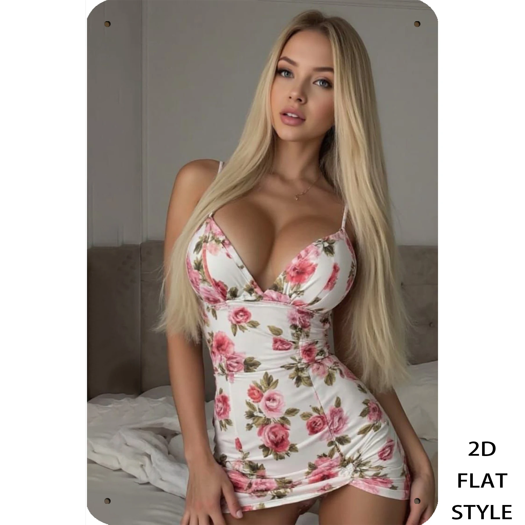 2D Flat - A Blonde Woman in a Patterned Bodycon Dress Is Set Against an Indoor Bedroom Background. Retro Iron Sign
2D Flat - A Blonde Woman in a Patterned Bodycon Dress Is Set Against an Indoor Bedroom Background. Retro Iron Sign