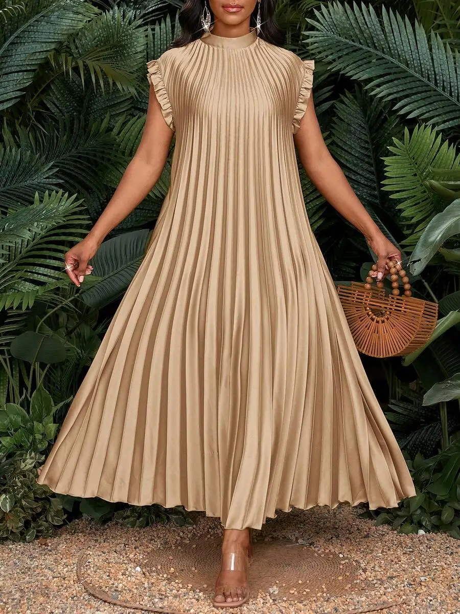Elegant Pleated A-Line Maxi Dress With Ruffle Sleeve Stand Collar For Women
Elegant Pleated A-Line Maxi Dress With Ruffle Sleeve Stand Collar For Women