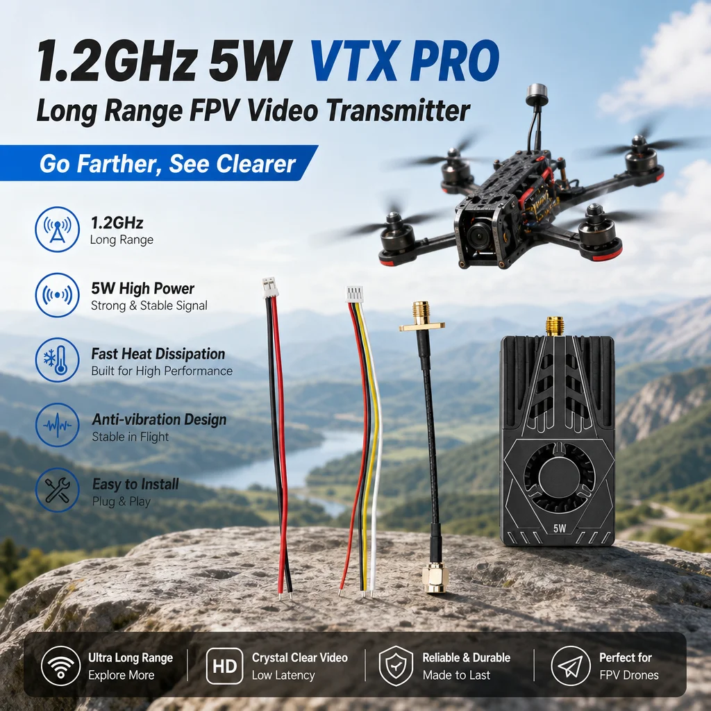 1.2GHz 5W VTX PRO Long Range FPV Transmitter Anti-vibration Fast Heat Dissipation for Drone
1.2GHz 5W VTX PRO Long Range FPV Transmitter Anti-vibration Fast Heat Dissipation for Drone