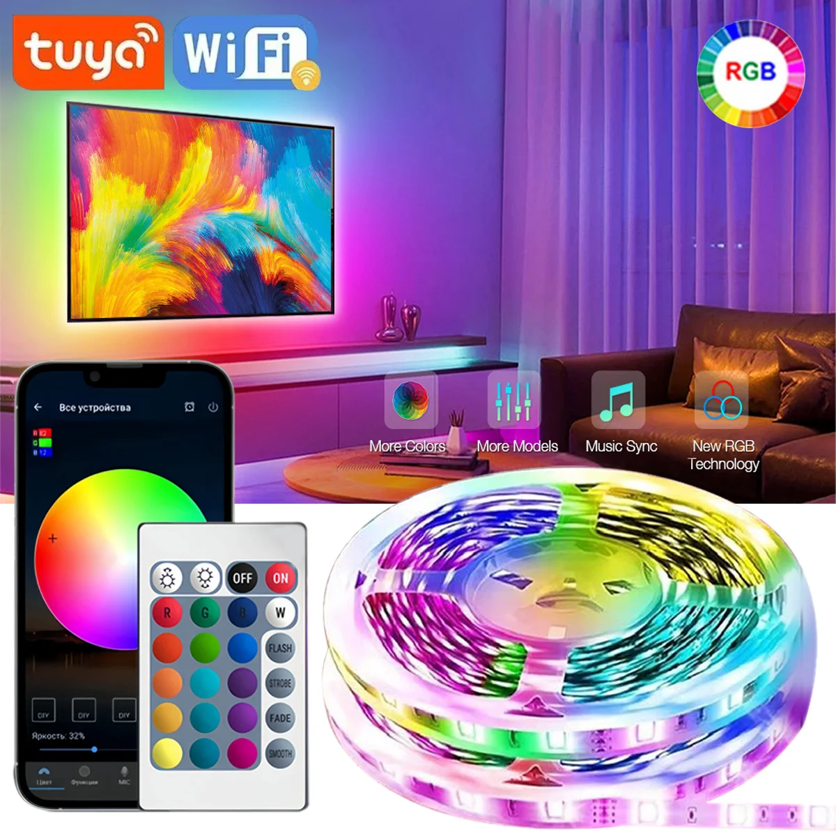 RGB LED Strip Lights SMD5050 Tuya WIFI APP Control Music Sync 1M-30M LED Lights TV Backlight Work in Alexa For Home Room Decor
RGB LED Strip Lights SMD5050 Tuya WIFI APP Control Music Sync 1M-30M LED Lights TV Backlight Work in Alexa For Home Room Decor