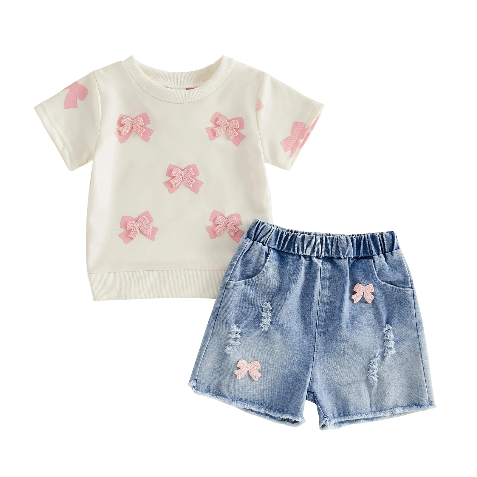 Toddler Baby Girl Shorts Set Bow Short Sleeve T-shirt and Ripped Denim Shorts 2 Piece Summer Outfit
Toddler Baby Girl Shorts Set Bow Short Sleeve T-shirt and Ripped Denim Shorts 2 Piece Summer Outfit