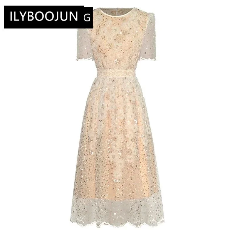 Summer Mesh Dress Women O-Neck Short Sleeve Sequins Beading Appliques Elegant Party Dresses For Women 2023 Runway Luxury Brand
Summer Mesh Dress Women O-Neck Short Sleeve Sequins Beading Appliques Elegant Party Dresses For Women 2023 Runway Luxury Brand