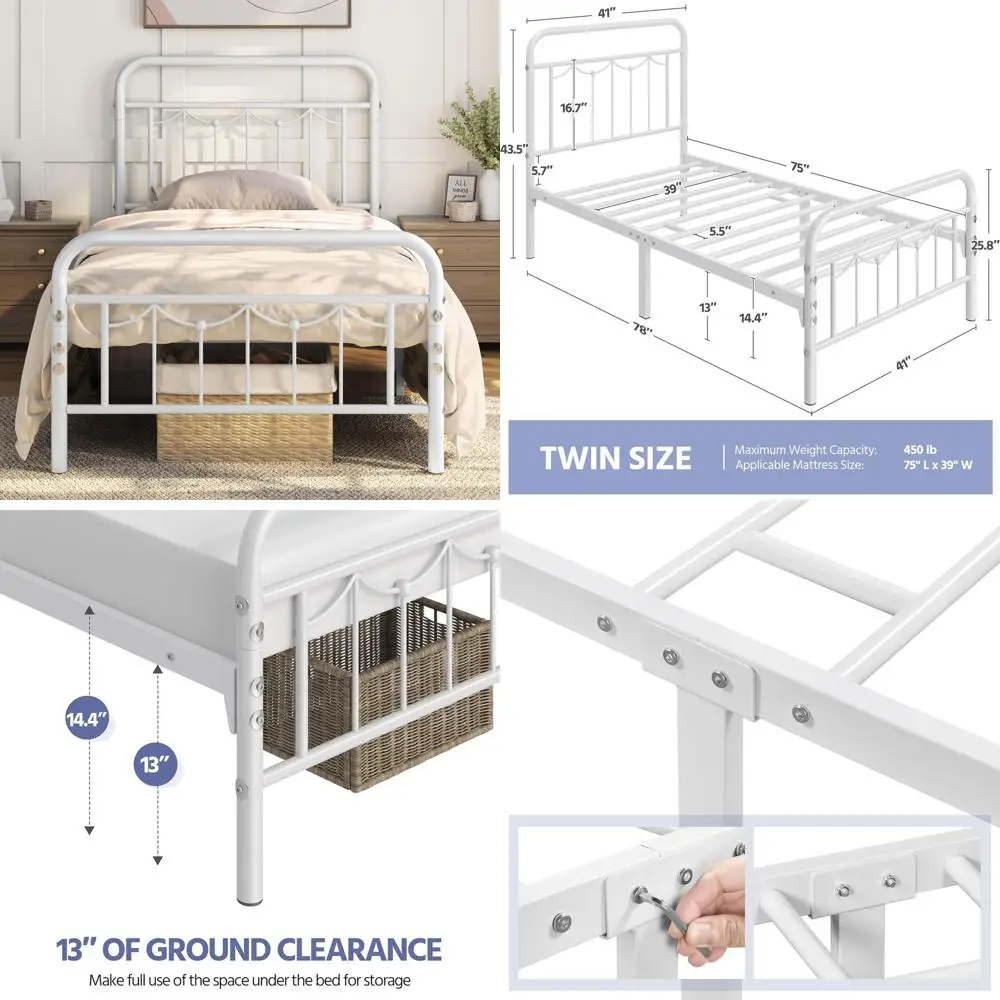 Двойной металлический каркас кровати в винтажном стиле с платформой, дизайн фермерского дома, сверхмощный, удобный для хранения, коробчатая пружина не требуется, белый
Двойной металлический каркас кровати в винтажном стиле с платформой, дизайн фермерского дома, сверхмощный, удобный для хранения, коробчатая пружина не требуется, белый