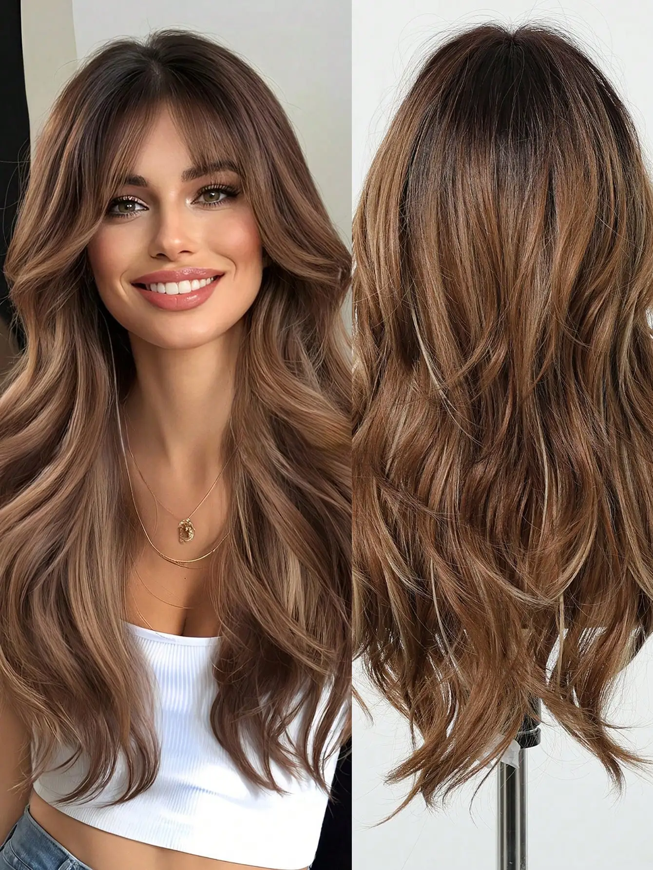 Синтетический волнистый кудрявый парик длиной 24 дюйма с челкой, темно-коричневый, с темными корнями, подходит для женщин.
Синтетический волнистый кудрявый парик длиной 24 дюйма с челкой, темно-коричневый, с темными корнями, подходит для женщин.