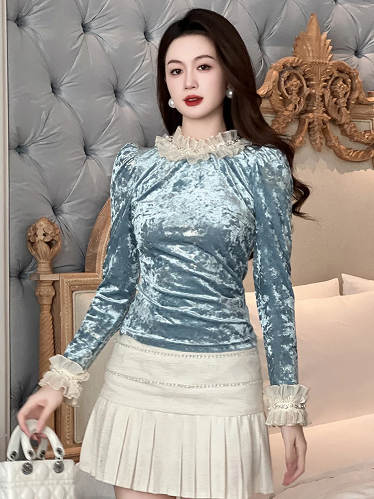 Women's Clothing French Cute Party T-shirt Lady Sweet Retro Blue Velvet Diamond Pearl Tops Blouse Mujer Elegant Street Spring
Women's Clothing French Cute Party T-shirt Lady Sweet Retro Blue Velvet Diamond Pearl Tops Blouse Mujer Elegant Street Spring