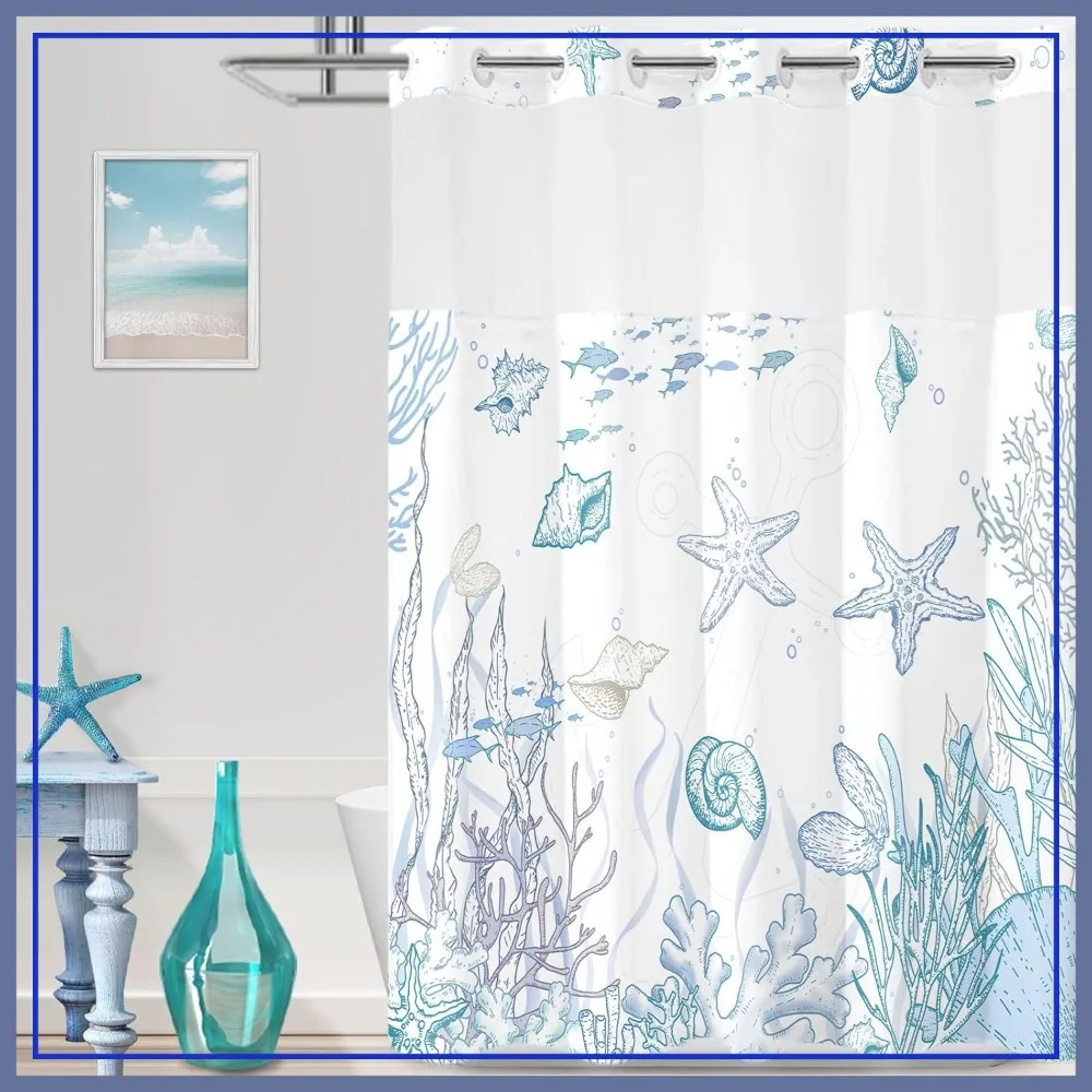 Beach Nautical Shower Curtain Set, No Hook Snap-in Liner, Waterproof Washable Fabric, Blue 71x74
Beach Nautical Shower Curtain Set, No Hook Snap-in Liner, Waterproof Washable Fabric, Blue 71x74