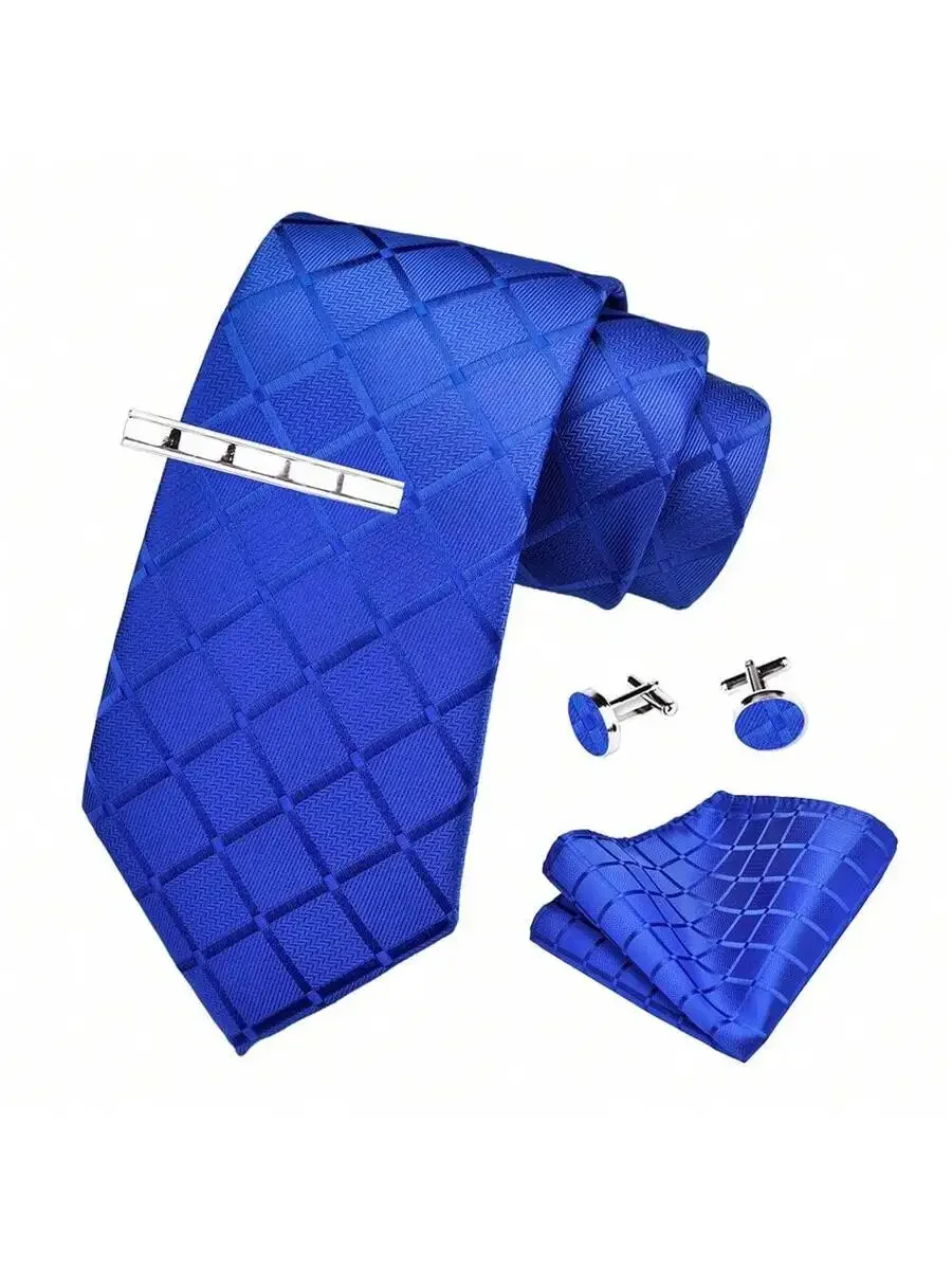 4pcs Blue Plaid Neck Tie Set With Pocket Square Cufflinks And Tie Clip For Men
4pcs Blue Plaid Neck Tie Set With Pocket Square Cufflinks And Tie Clip For Men