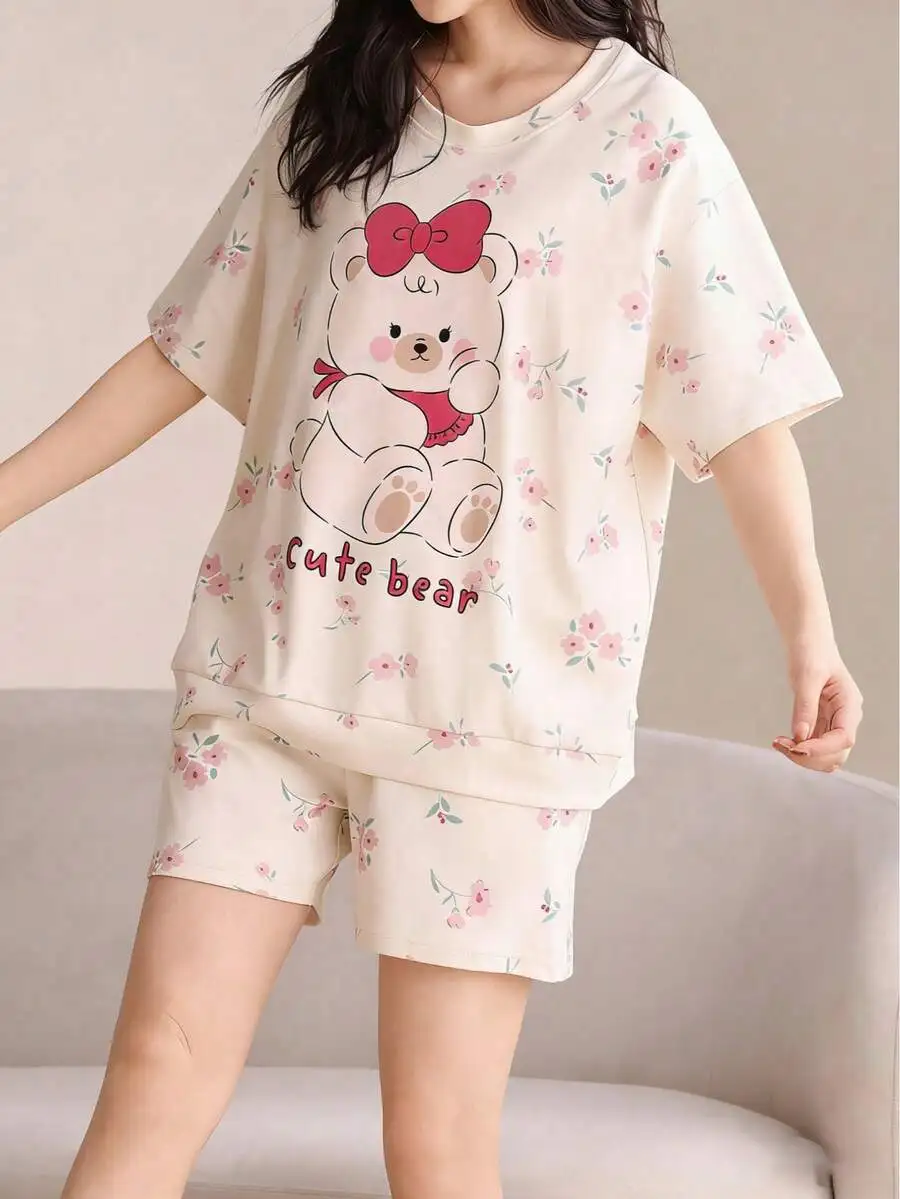 Women 2pcs Sleepwear Set Round Neck Cartoon Bear Floral Print Short Sleeve Top And Shorts
Women 2pcs Sleepwear Set Round Neck Cartoon Bear Floral Print Short Sleeve Top And Shorts