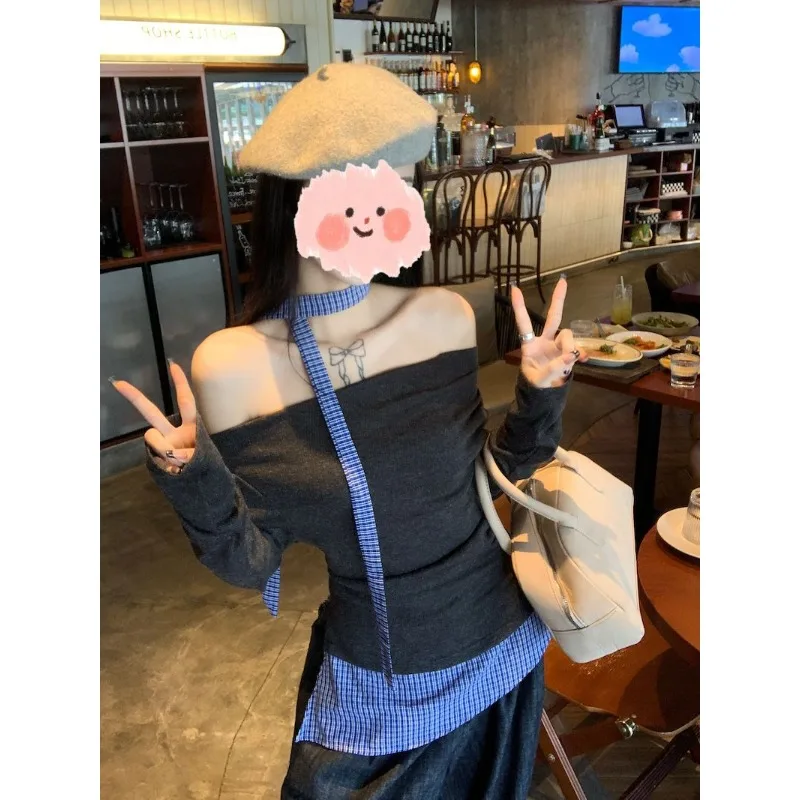 Korean Plaid Splicing Neck One-word Shoulder Long-sleeved Bottoming Shirt Women's Early Autumn Chic Design Off-the-shoulder Top
Korean Plaid Splicing Neck One-word Shoulder Long-sleeved Bottoming Shirt Women's Early Autumn Chic Design Off-the-shoulder Top