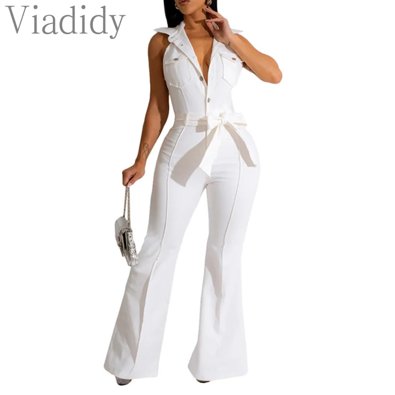 Women Sexy Solid Color Sleeveless Turn Down Collar Button Front Flare Leg Jumpsuits with Belt
Women Sexy Solid Color Sleeveless Turn Down Collar Button Front Flare Leg Jumpsuits with Belt