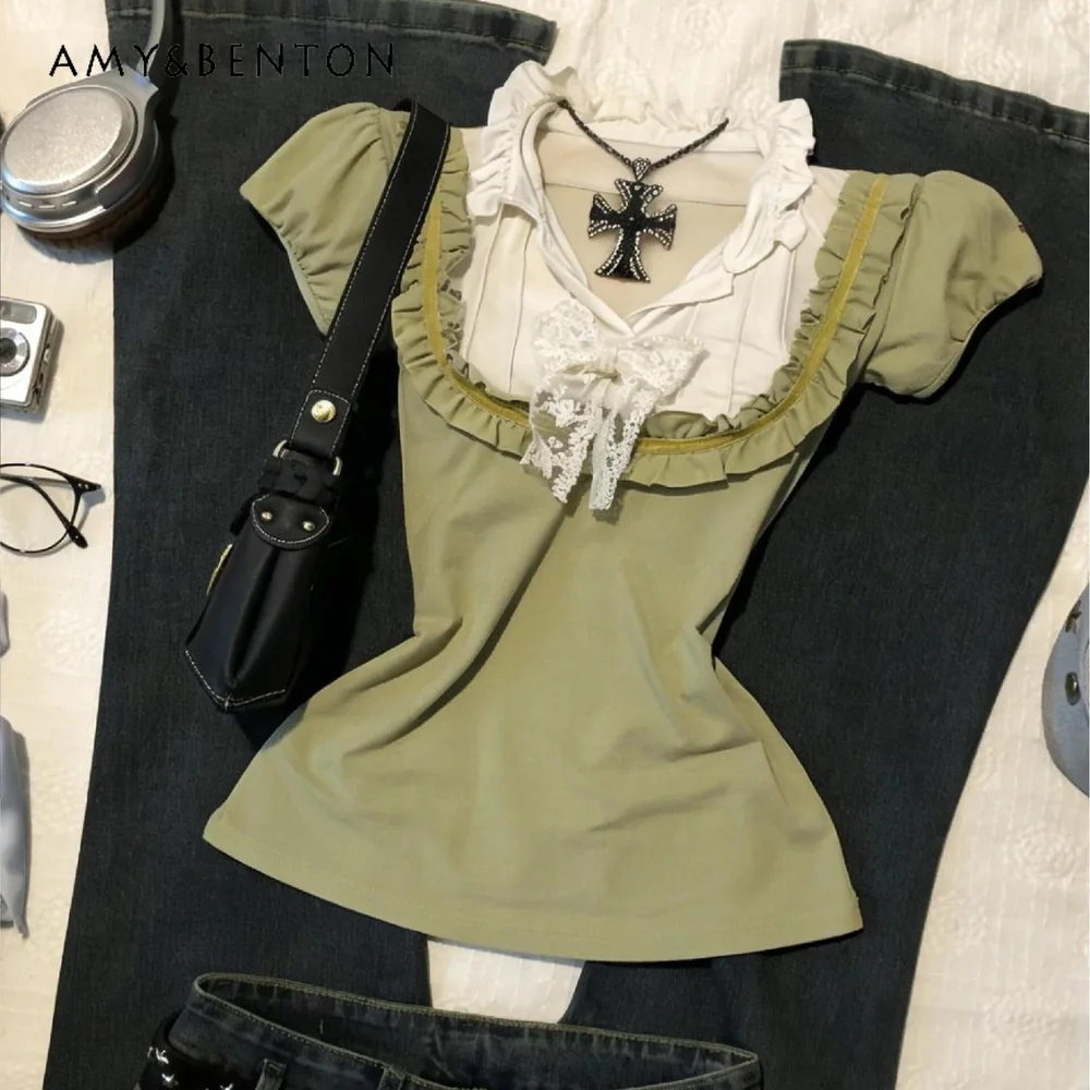 Summer New American Retro Y2K Women Green Lace Bow Ruffle Spliced Short Sleeve T-Shirt Slim Fit Versatile Casual Streetwear Tops
Summer New American Retro Y2K Women Green Lace Bow Ruffle Spliced Short Sleeve T-Shirt Slim Fit Versatile Casual Streetwear Tops