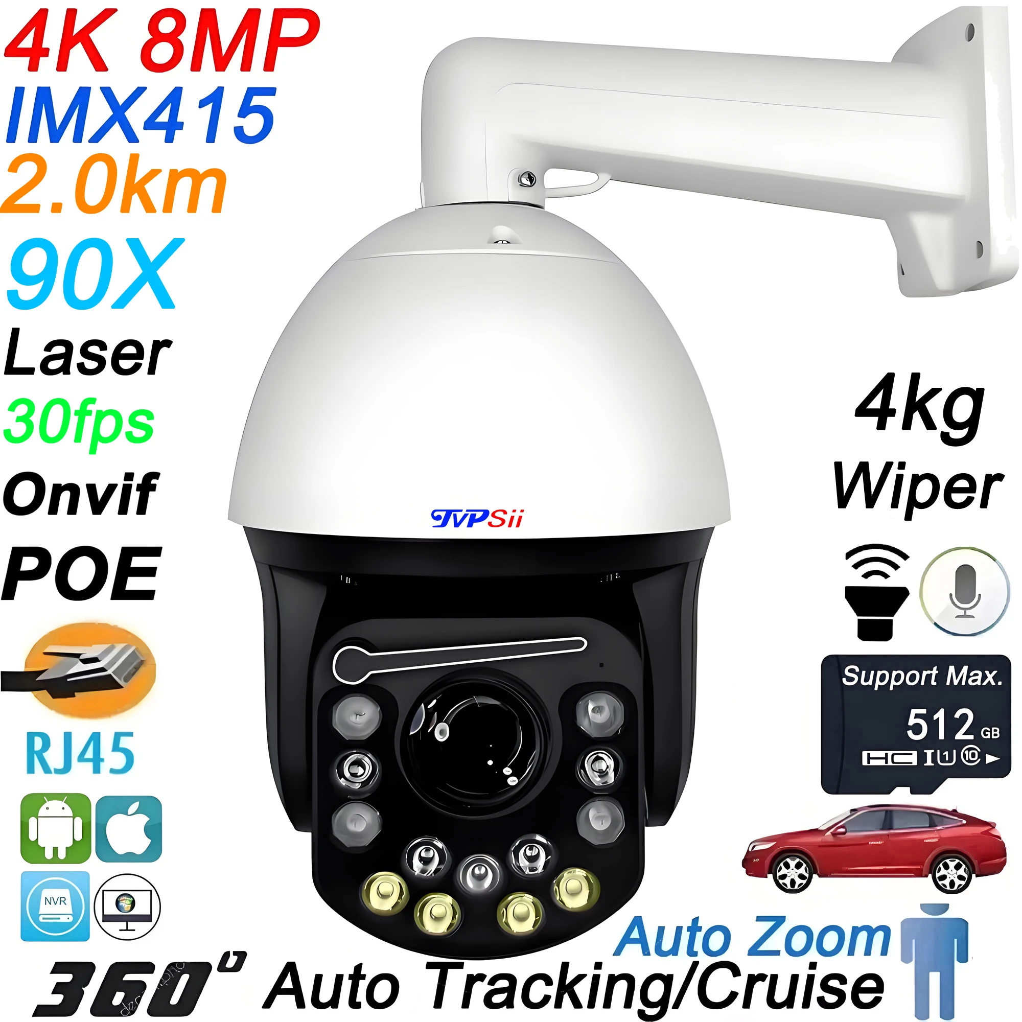 Metal Wiper Laser Infrared Full Color Auto Tracking 30fps 8MP 4K 90X Optical Zoom 360° POE PTZ IP Surveillance Speed Dome Camera
Metal Wiper Laser Infrared Full Color Auto Tracking 30fps 8MP 4K 90X Optical Zoom 360° POE PTZ IP Surveillance Speed Dome Camera