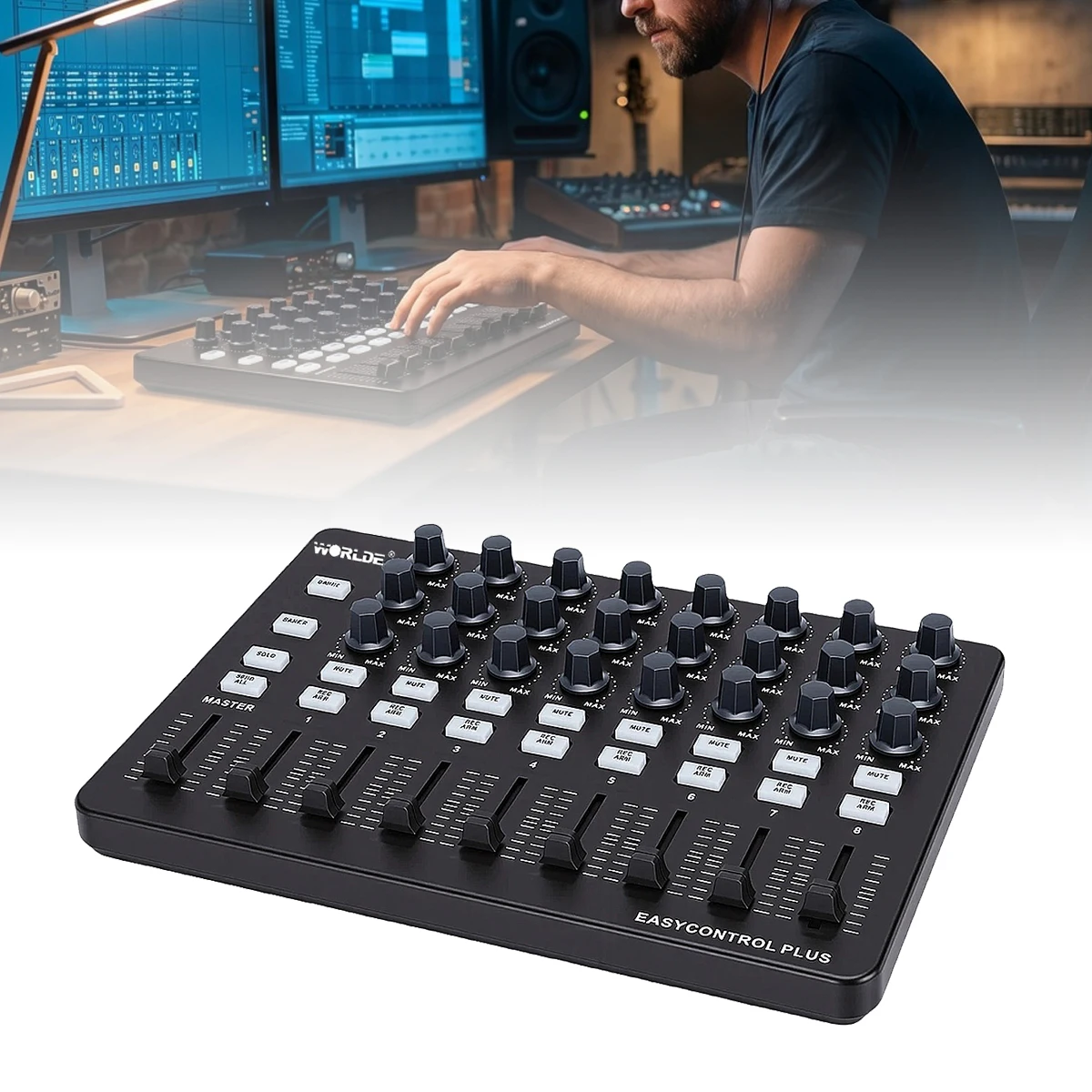 Worlde Easycontrol Plus MIDI Controller – 24 Knobs, 9 Sliders, 18 Buttons, 16 Preset Banks, USB-C, for Ableton Live & More DAWs
Worlde Easycontrol Plus MIDI Controller – 24 Knobs, 9 Sliders, 18 Buttons, 16 Preset Banks, USB-C, for Ableton Live & More DAWs