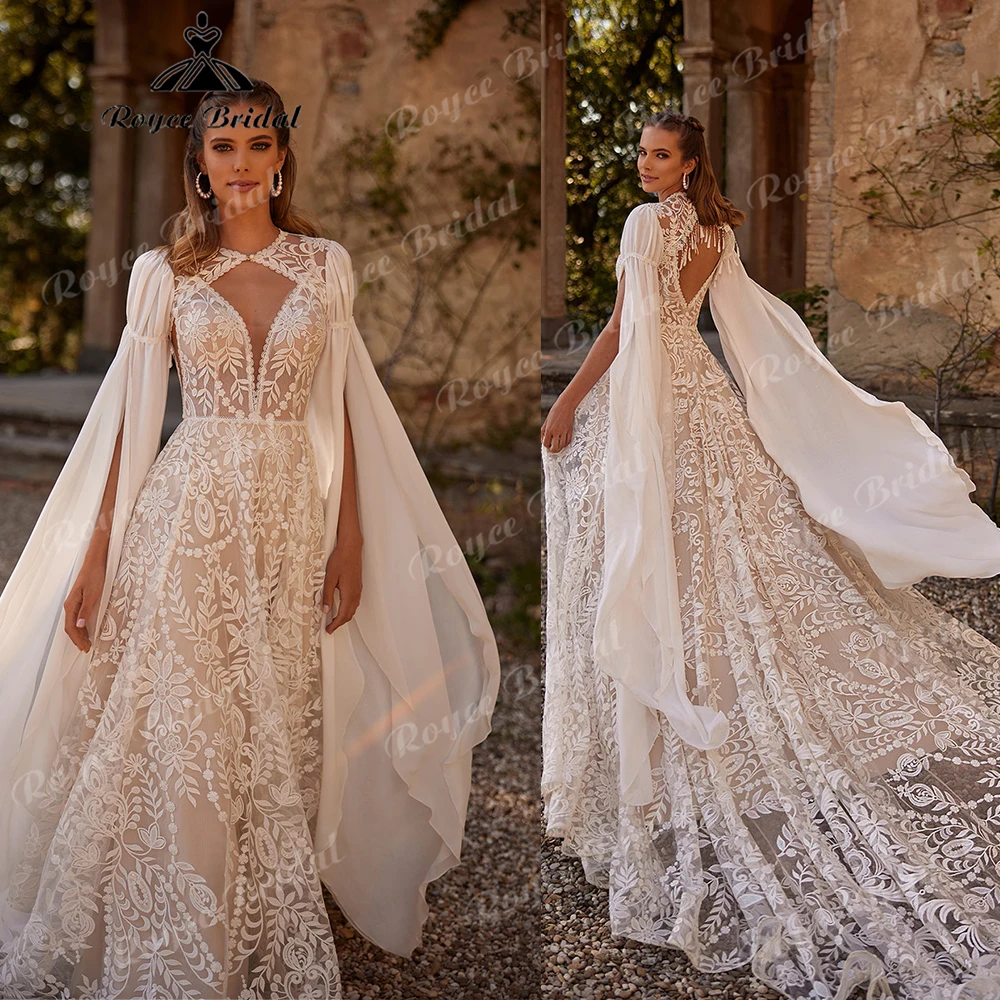High-Neck Lace A-Line Boho Wedding Dress with Cape Sleeves Bridal Gown with Keyhole Back Floral Embroidery Customized
High-Neck Lace A-Line Boho Wedding Dress with Cape Sleeves Bridal Gown with Keyhole Back Floral Embroidery Customized