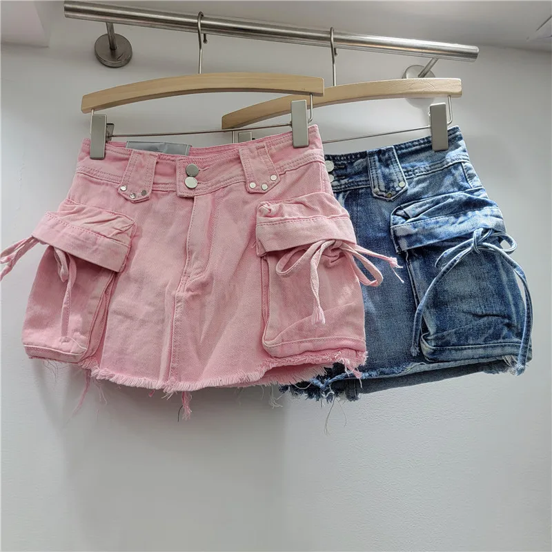 Summer American Washed Denim Skirt For Women Casual Fashionable High Street Rivets Lace-up Large Pocket Fringe Short Skirts
Summer American Washed Denim Skirt For Women Casual Fashionable High Street Rivets Lace-up Large Pocket Fringe Short Skirts