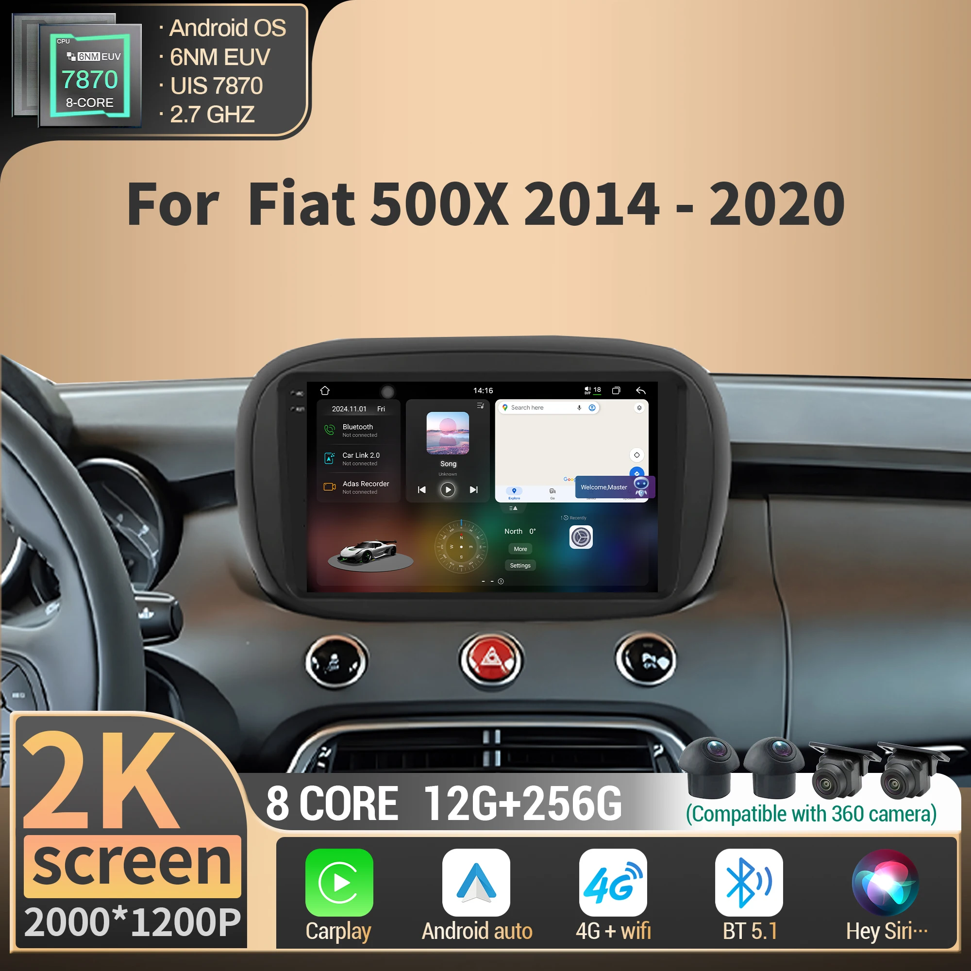 Android For Fiat 500X 2014-2020 Car Radio Navigation Multimedia Wireless BT Carplay 4G GPS CPU 7870 2K QLED Screen Stereo
Android For Fiat 500X 2014-2020 Car Radio Navigation Multimedia Wireless BT Carplay 4G GPS CPU 7870 2K QLED Screen Stereo