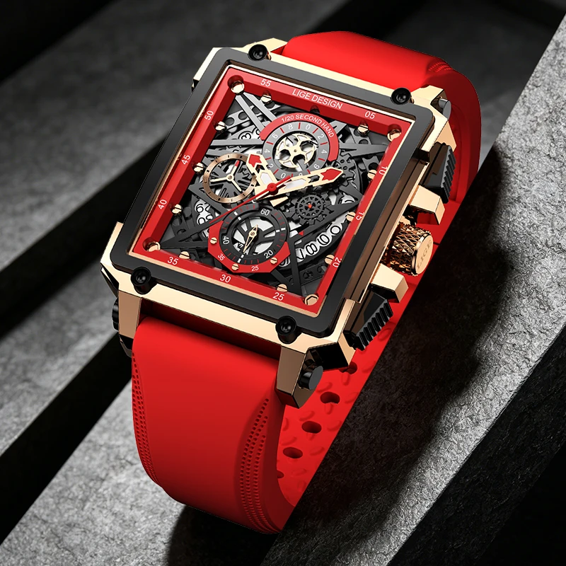 LIGE Square Hollow Chronograph Men Watch Fashion Red Silicone Luxury Sports Quartz Wristwatch Waterproof Male Clock Montre Homme
LIGE Square Hollow Chronograph Men Watch Fashion Red Silicone Luxury Sports Quartz Wristwatch Waterproof Male Clock Montre Homme