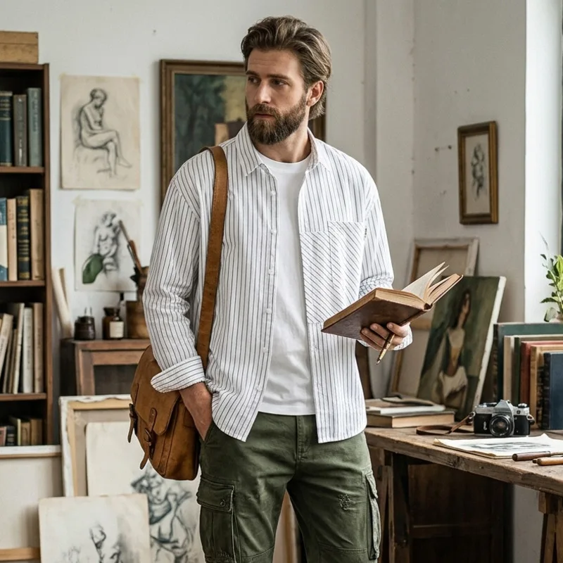 Spring Autumn Men's Striped Long Sleeve Shirts Japanese Retro Fashion Simple Trendy Casual Loose Youth Versatile Workwear Shirt
Spring Autumn Men's Striped Long Sleeve Shirts Japanese Retro Fashion Simple Trendy Casual Loose Youth Versatile Workwear Shirt