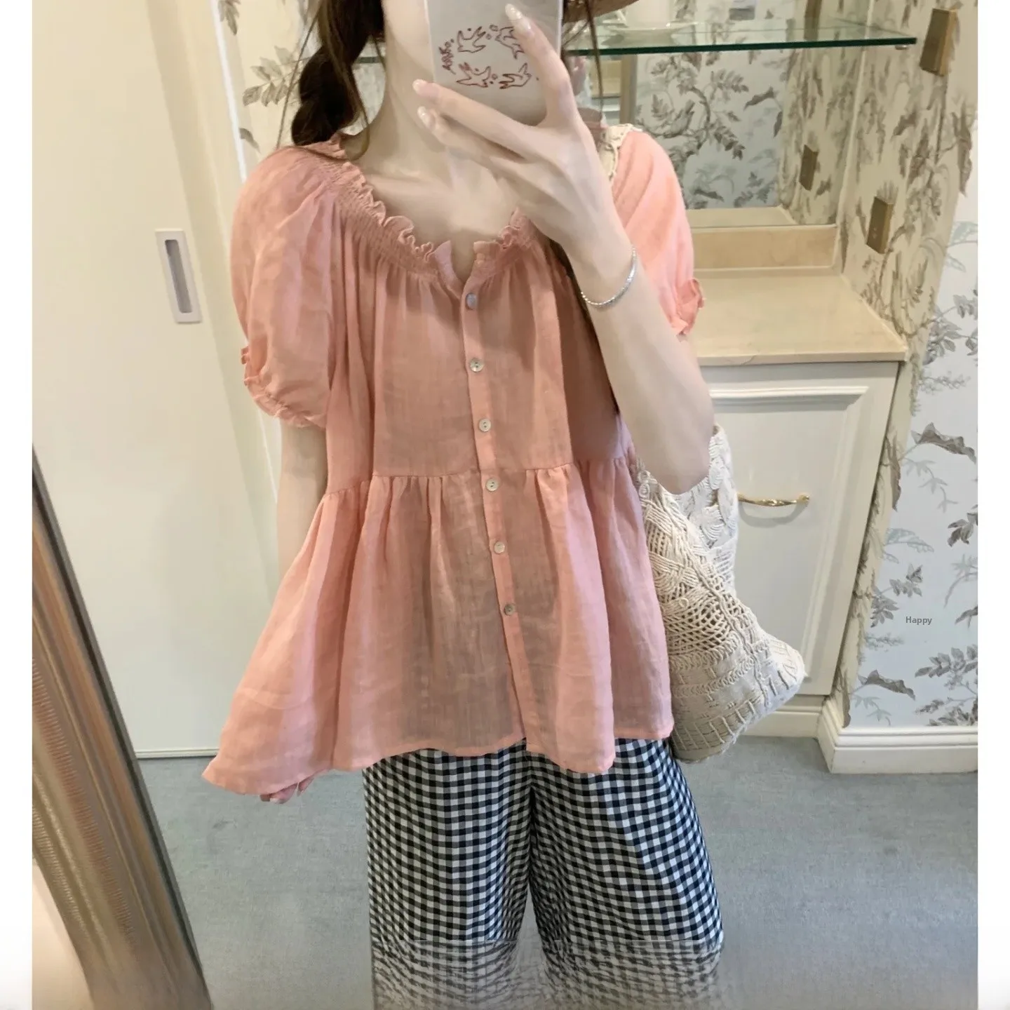 Korean Style Doll Shirt Short Sleeve Bubble Sleeve Ruffle Hem Sweet Pink Grapefruit Breathable V-neck Polyester Casu...
Korean Style Doll Shirt Short Sleeve Bubble Sleeve Ruffle Hem Sweet Pink Grapefruit Breathable V-neck Polyester Casu...