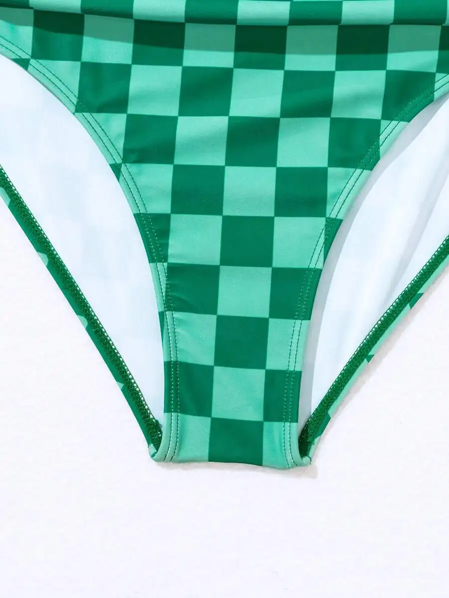 Mint And Emerald Chessboard Pattern High Cut Two Piece Swim Set For Summer Beach Getaway
Mint And Emerald Chessboard Pattern High Cut Two Piece Swim Set For Summer Beach Getaway