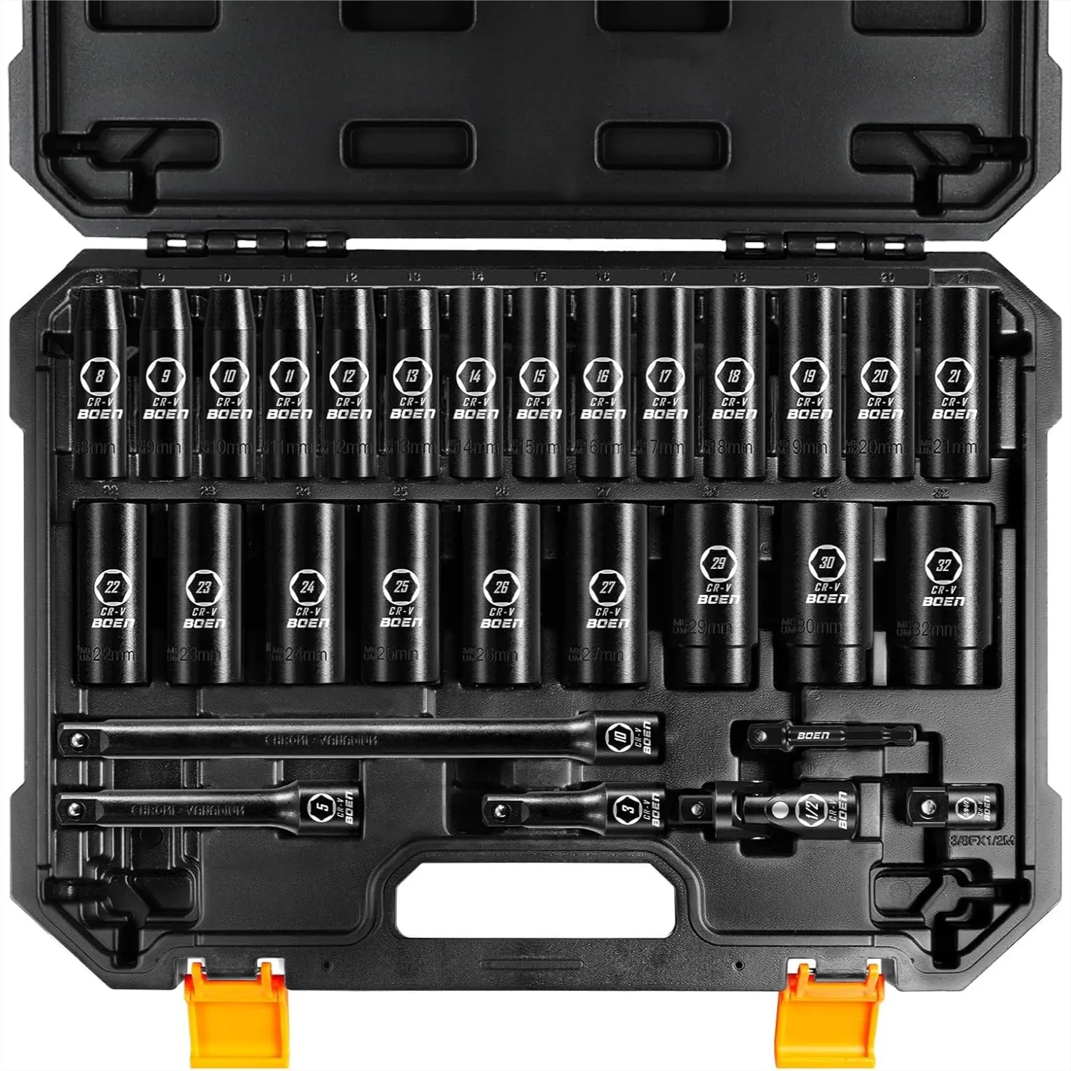 1/2" Drive Metric Impact Deep Socket Set 29PCS, 8-32mm CR-V Steel for Auto Repair with Portable Case
1/2" Drive Metric Impact Deep Socket Set 29PCS, 8-32mm CR-V Steel for Auto Repair with Portable Case