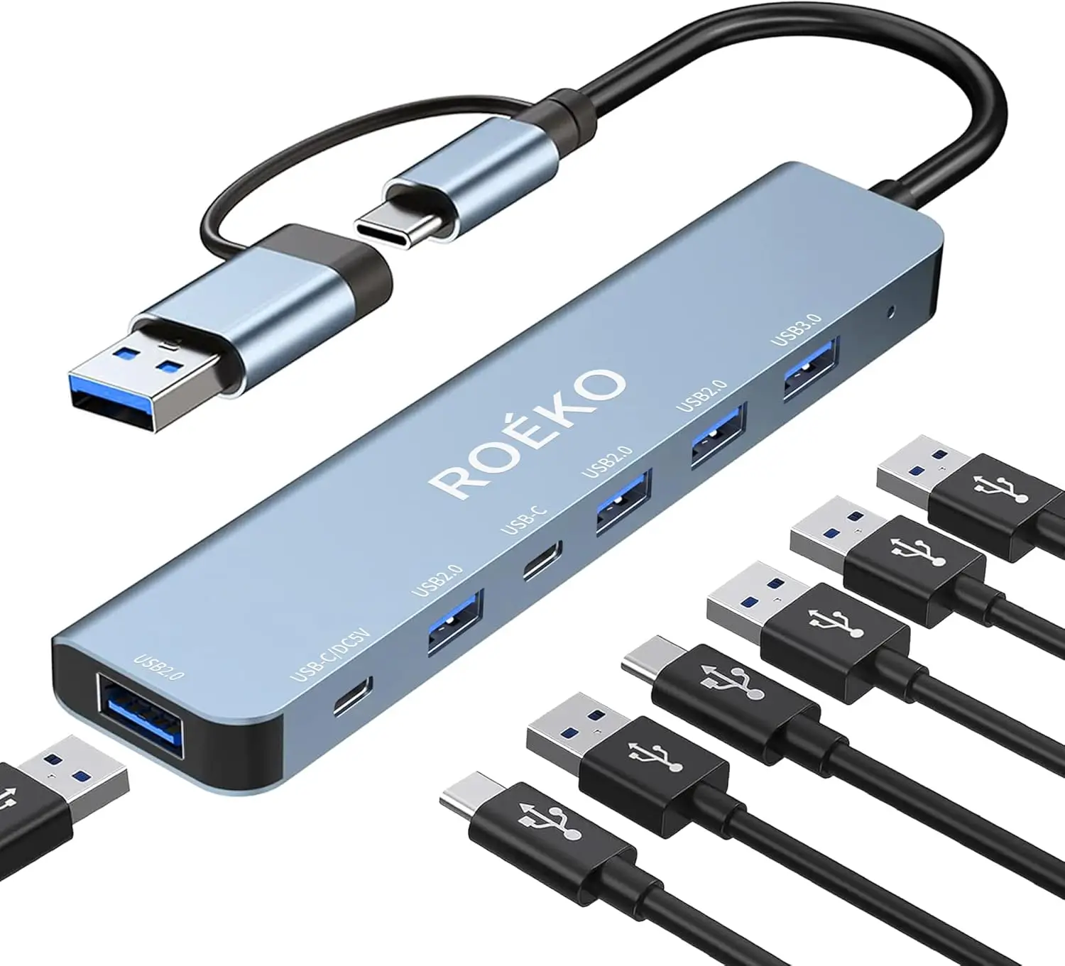 7-in-1 USB Hub 3.0: 1xUSB 3.0, 4xUSB 2.0, 2xUSB-C for MacBook/PC/Laptop/Tablet
7-in-1 USB Hub 3.0: 1xUSB 3.0, 4xUSB 2.0, 2xUSB-C for MacBook/PC/Laptop/Tablet