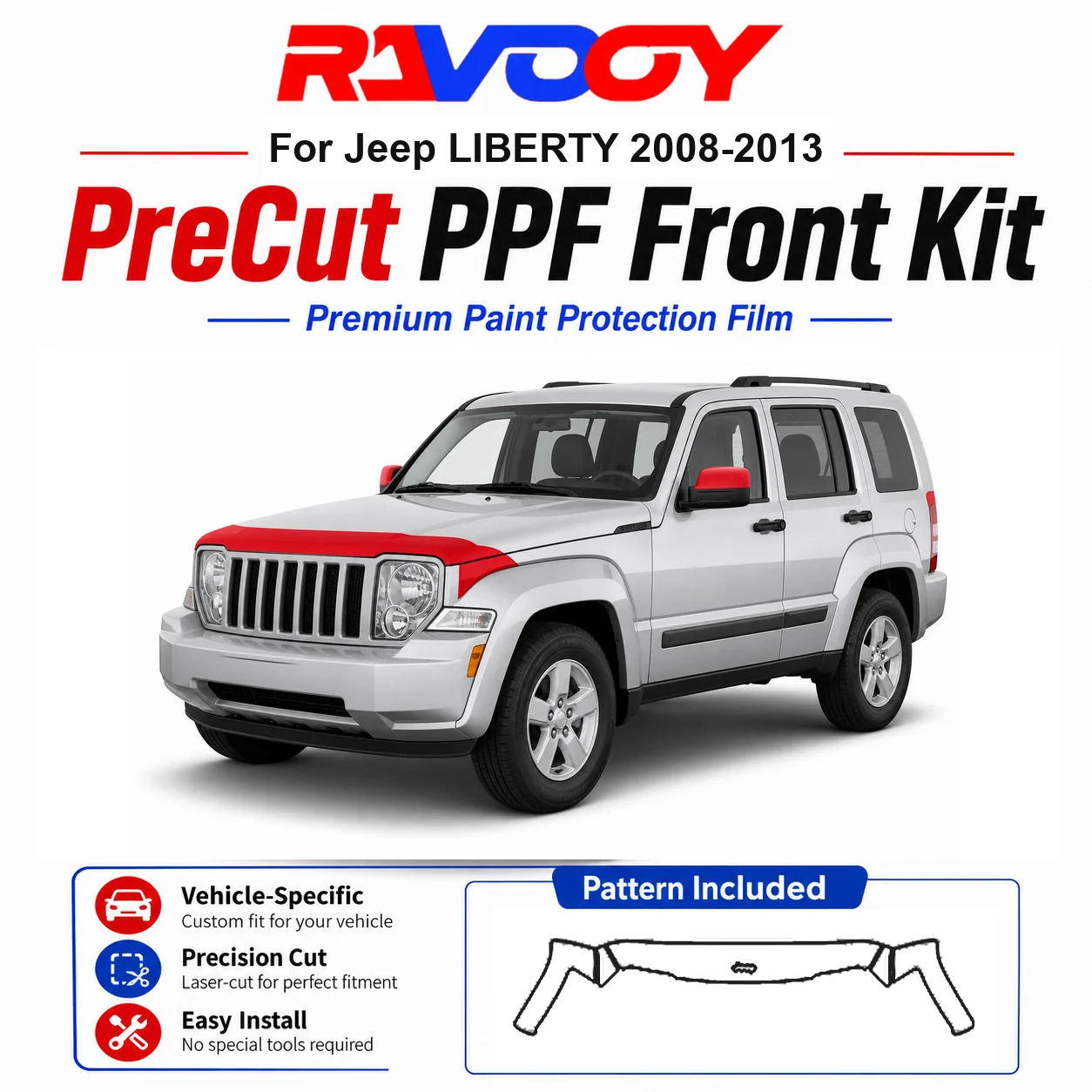 8.5mil TPU Precut PPF Kit For Jeep LIBERTY 2008-2013 - Hood, Fenders & Mirror Set - Self-Healing Clear Bra Film
8.5mil TPU Precut PPF Kit For Jeep LIBERTY 2008-2013 - Hood, Fenders & Mirror Set - Self-Healing Clear Bra Film