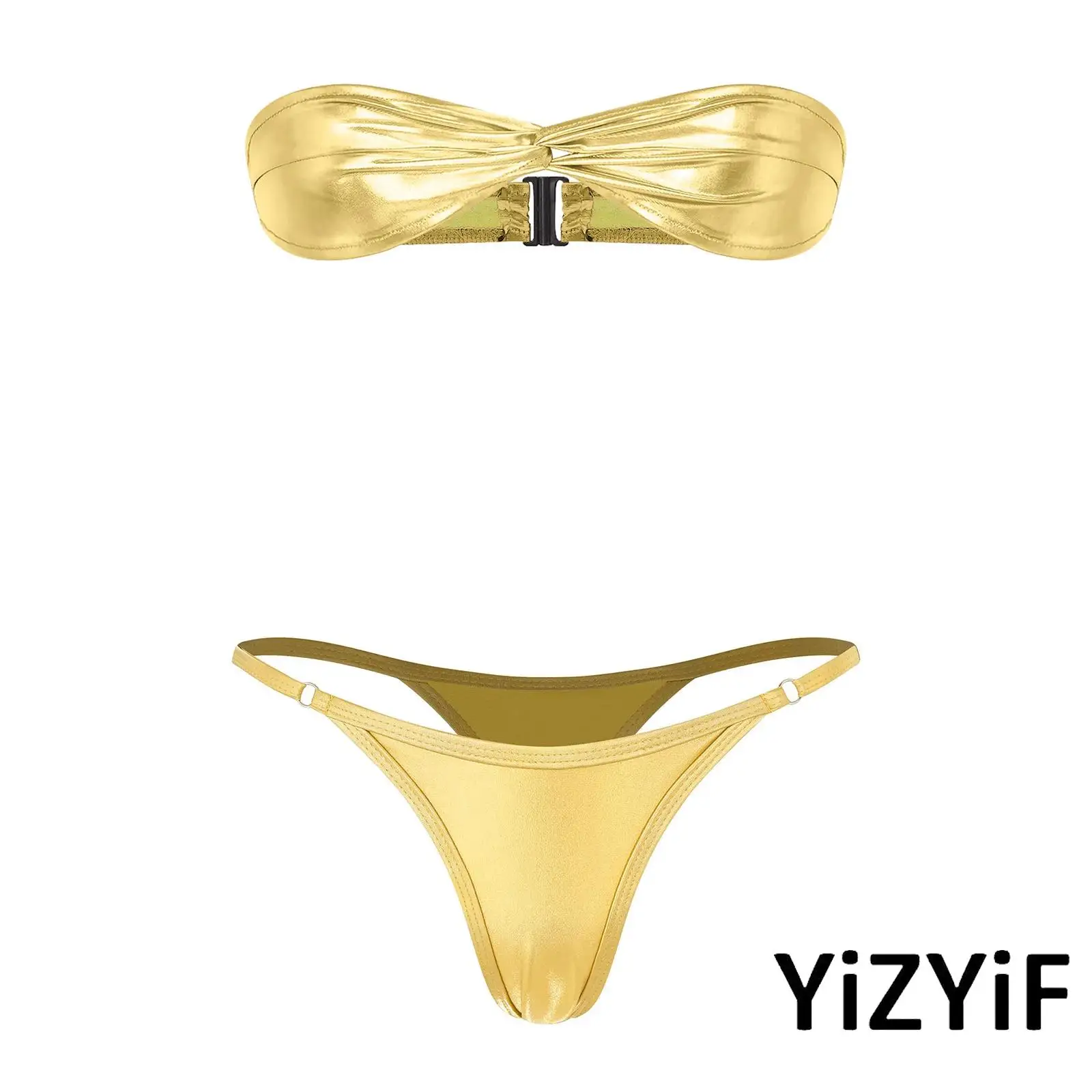 Womens Metallic Shiny Lingerie Set Strapless Front Twisted Knot Back Buckle Bra Top And High Waist T-back Bikini Briefs Swimwear
Womens Metallic Shiny Lingerie Set Strapless Front Twisted Knot Back Buckle Bra Top And High Waist T-back Bikini Briefs Swimwear