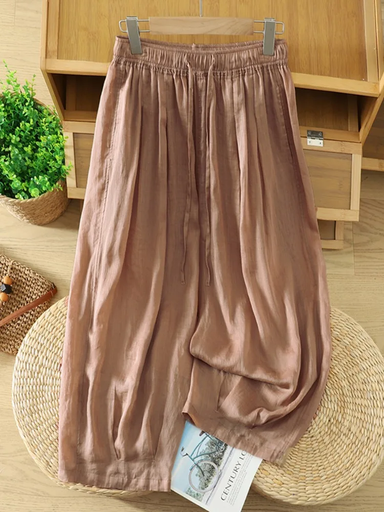 Retro Artistic Pure Color Linen Wide Leg Pants Women Summer Elastic Waist Belt Loose Slimming Casual Double Layer Nine Points
Retro Artistic Pure Color Linen Wide Leg Pants Women Summer Elastic Waist Belt Loose Slimming Casual Double Layer Nine Points